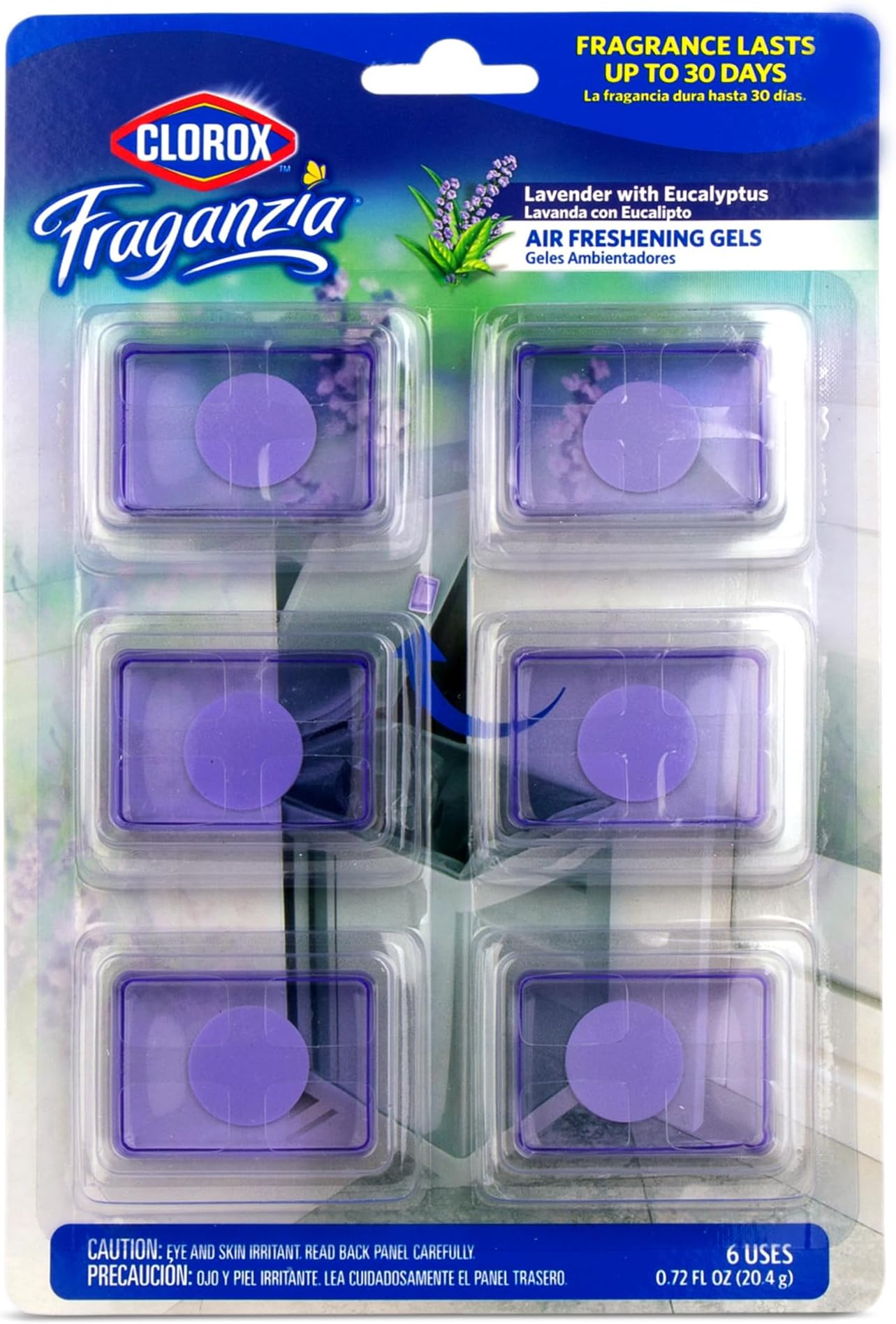 Clorox Fraganzia Stick-On Gel Fresheners, Lavender with Eucalyptus Trash Can Deodorizer Up to 30 Days Scent, Odor Absorber for Kitchen, Bathroom, Closet, No Plug or Batteries, 0.12 Fl Oz, 6 Count