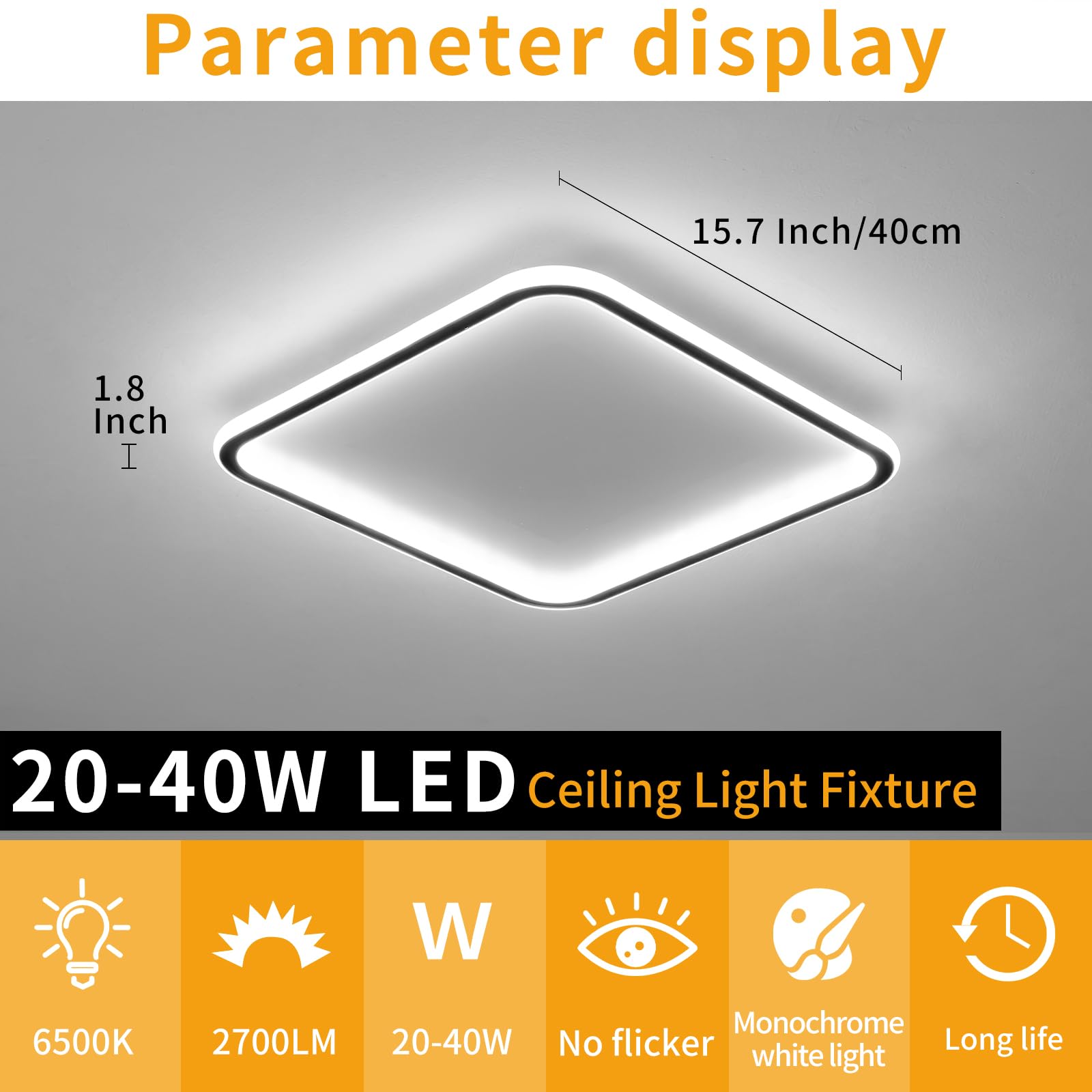 Mikeru LED Ceiling Light - 40cm Square, 5cm Thick, 6500k Cool White for Dining Bedroom, Living, Study and Bathroom - Image 2