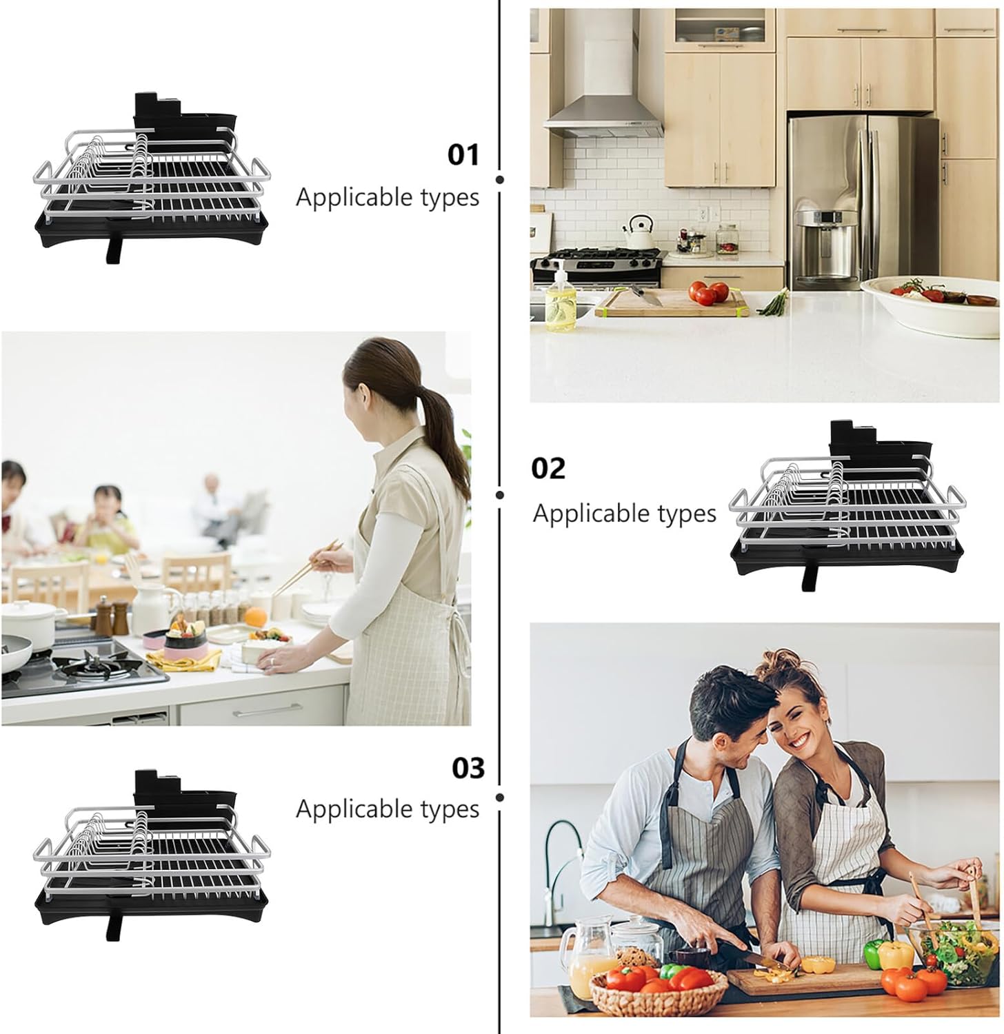 Healifty Multi-Function Aluminum Dish Rack with Draining Tray, Silver Dish Plate Storage Rack with Black Base, Kitchen Tableware Drying Organizer for Sink Counter Use