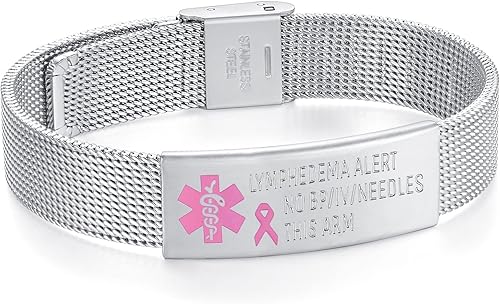 AOAMID Pulsera de alerta de linfedema ajustable de acero inoxidable sin bp sin agujas para mujeres, pulseras médicas de emergencia para cáncer de