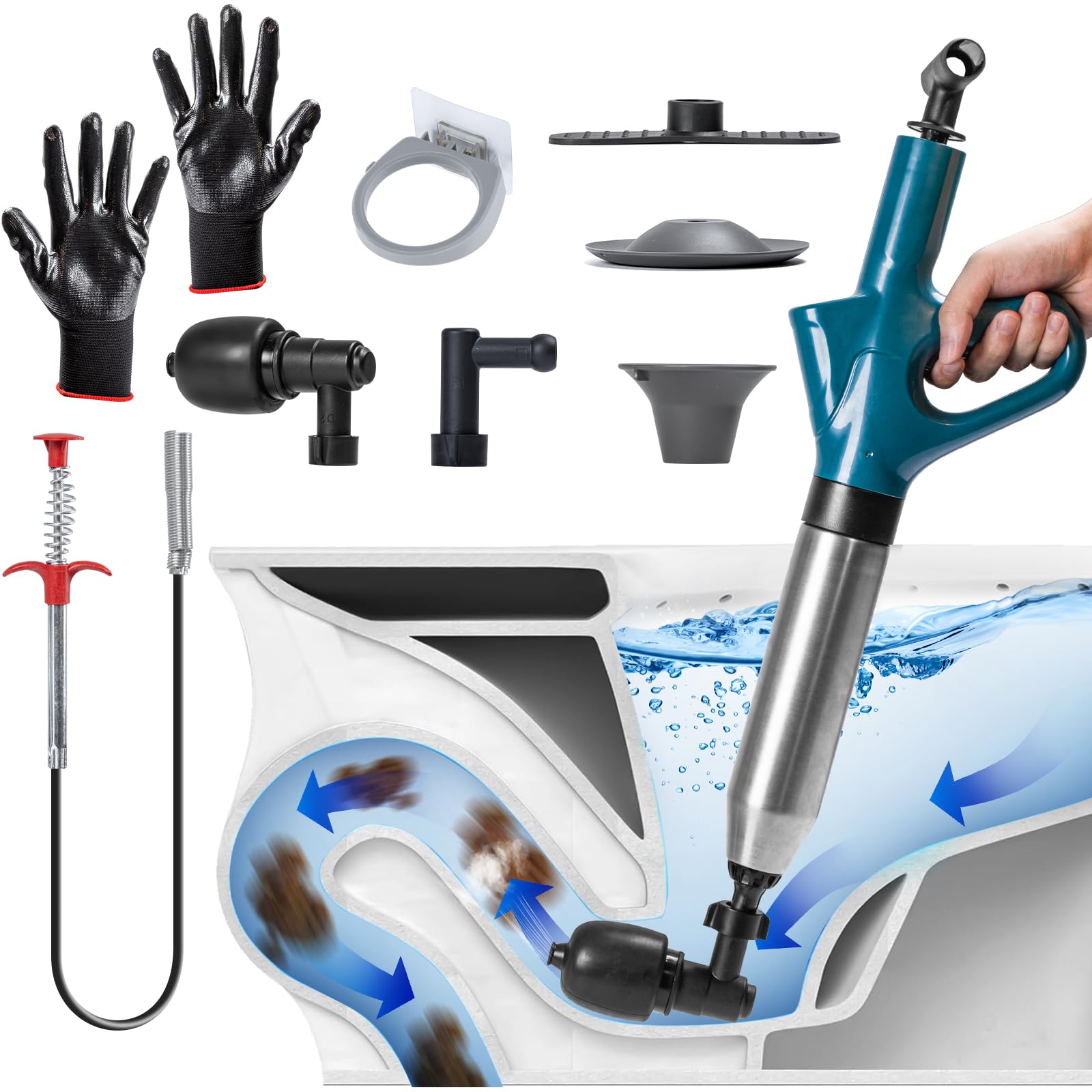 Rohrreiniger Druckluft,Abflussreiniger Pumpe mit Luftdruckanzeige,Pressluft Rohrreinigungsspumpe mit 4 Saugnäpfen,Handschuhe und Krallengreifer Abflussreiniger,für WC,Toilette