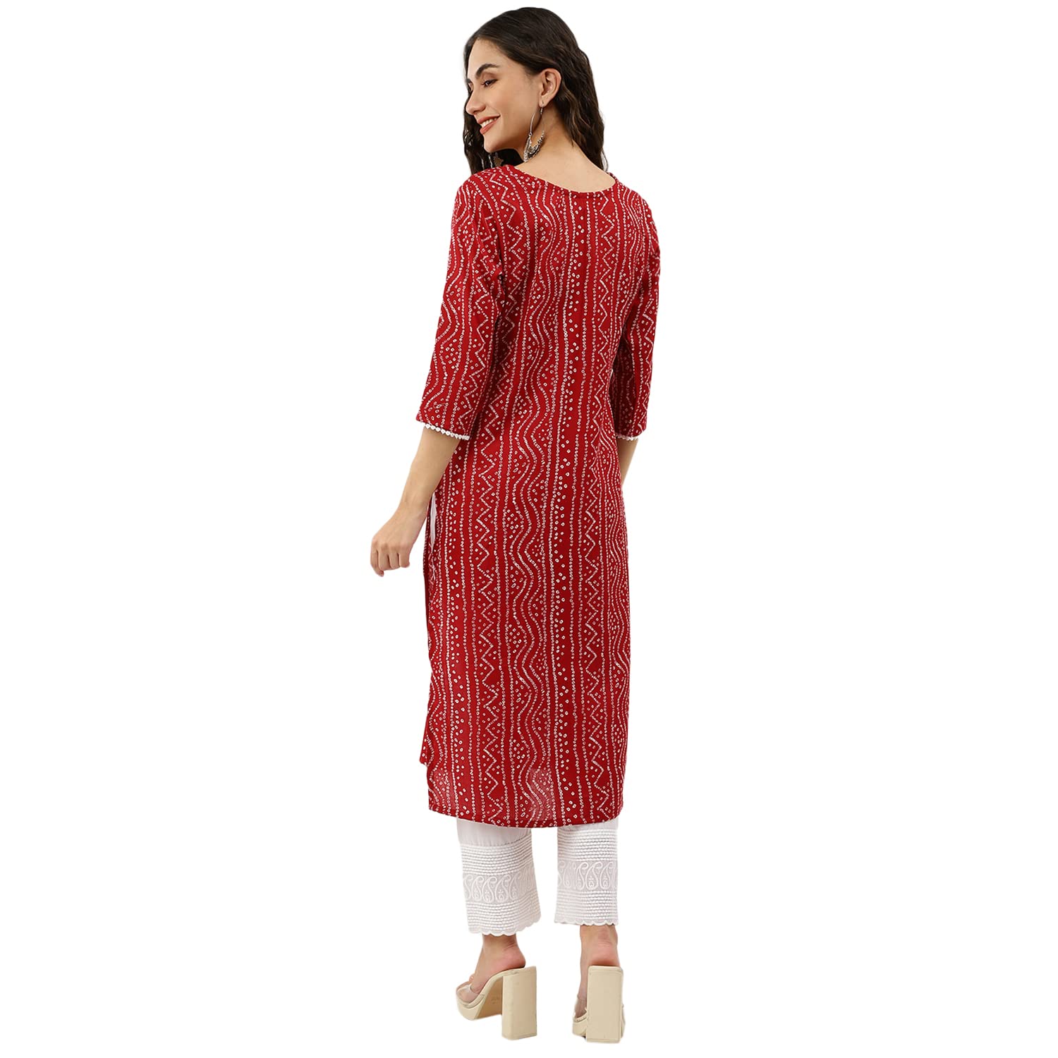 Nainvish Women's Cotton Blend Lace Work & Mill Printed Straight Round Neck Kurta (Sd357_K-M_Red)