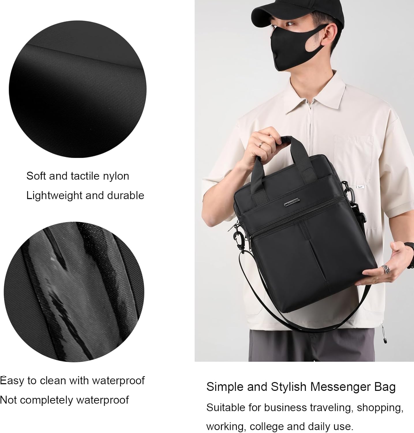 natyrlpog Men's 14-inch Laptop Shoulder Bag Nylon, Messenger Bag Business Waterproof Casual Black, Large Crossbody for Work Travel Outdoor - Image 6