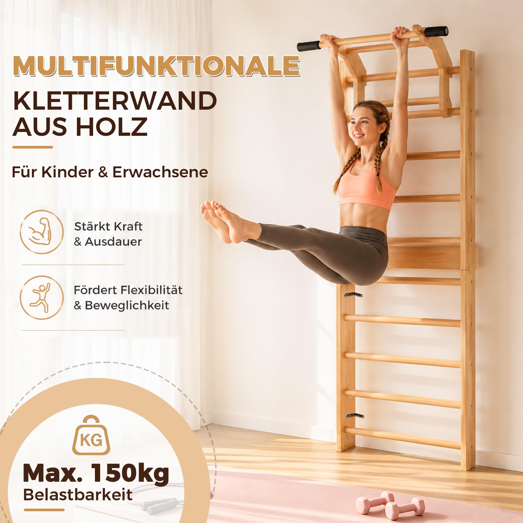 4 IN 1 Sprossenwand mit Klimmzugstange & Dip Extension, 150kg Wandmontage Schwedenleiter mit 4EVA-Griffbezüge & Widerstandsbänder & Gymnastikringe, Holz-Kletterwand Sprossenwand für Erwachsene, Kinder
