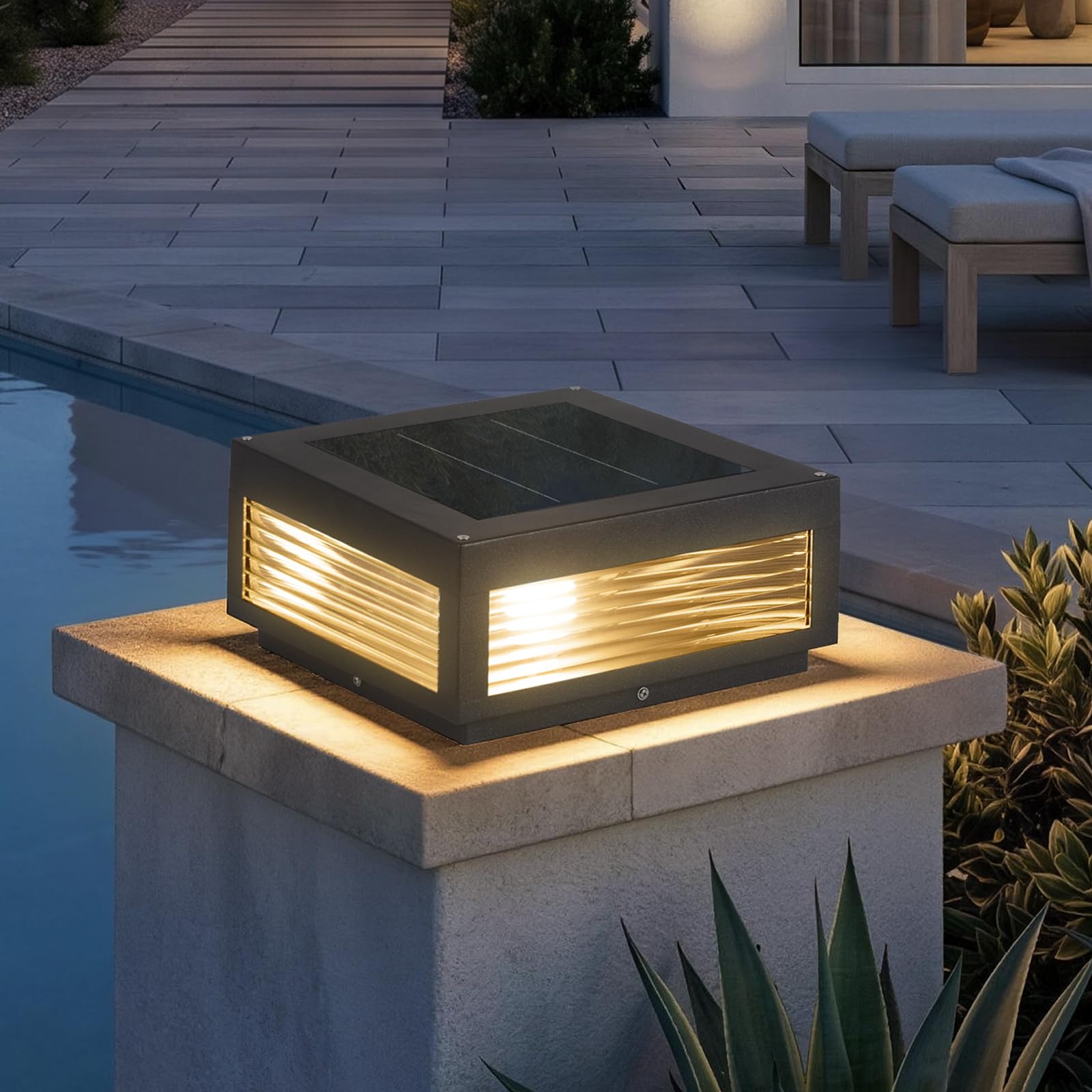 Photo 1 of PAKEDANDUN Solar Post Light,11.81''x11.81'' Waterproof Column Pillar Lights Dusk to Dawn Modern Lamp Posts 3000K LED E26 Bulb Decoration Lantern for Garden Fence Patio Driveway