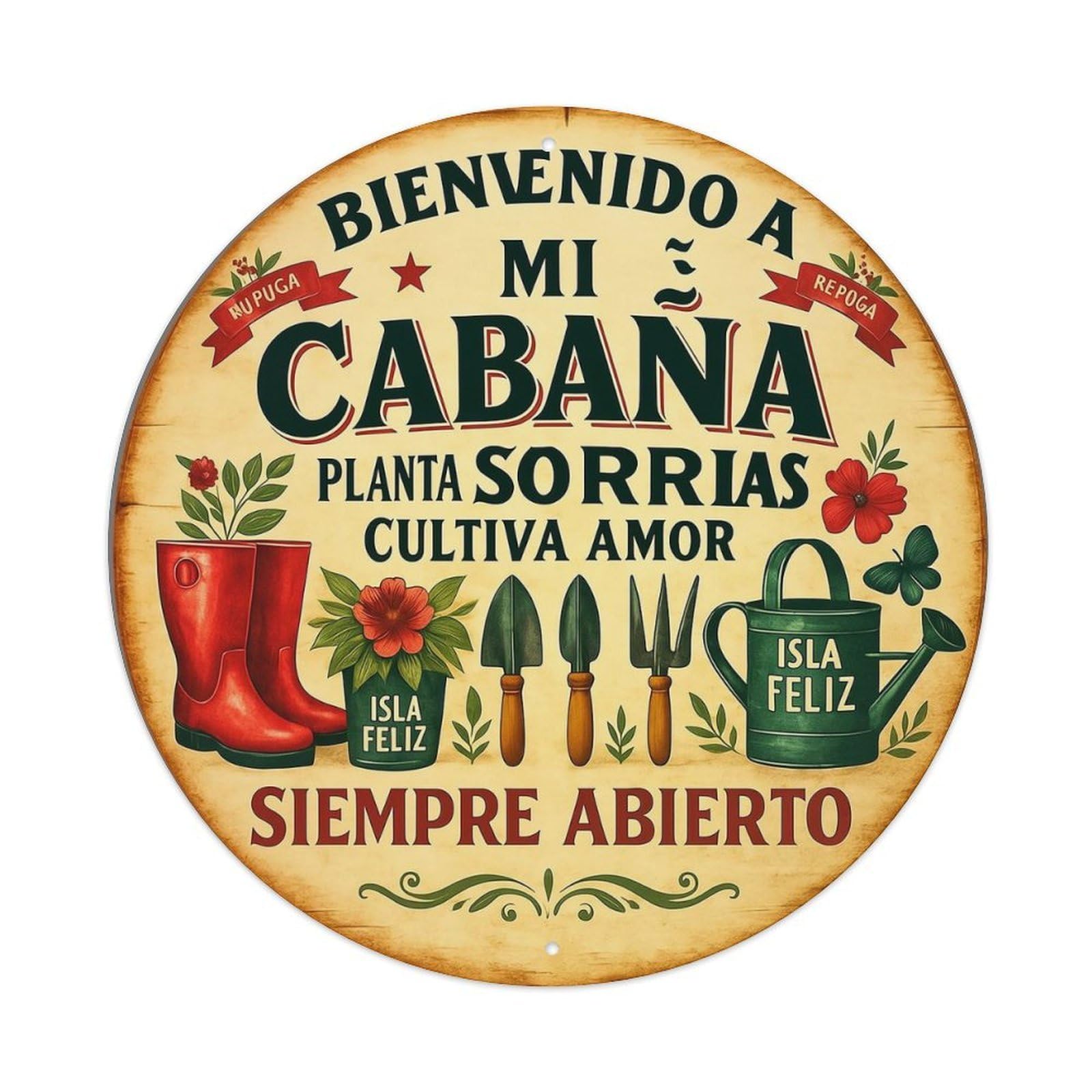 Bienvenido Mi Cabana Planta Sorrisas Cultiva Amor Isla Feliz Siempre Abierto Vintage Round Tin Sign Retro Metal Wall Decor Metal Poster, Home Bar Garage Cafe Wall Art Decoration 8x8Inches