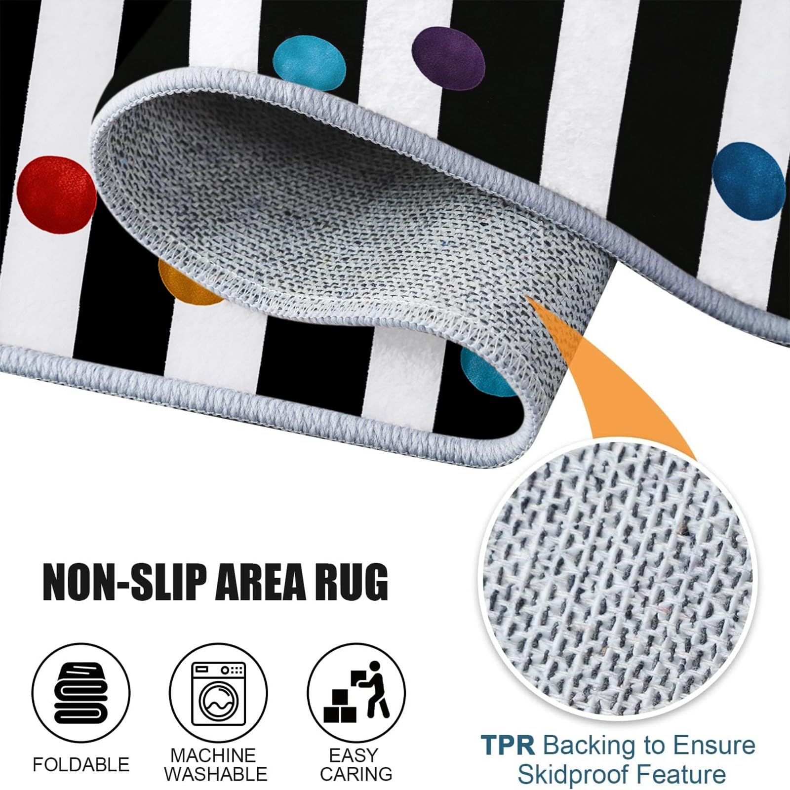 Waschbare Runde Teppiche 100 cm, Schwarz Weiß Farbe Streifen Punkte Rutschfester Runder Teppich für Wohnzimmer Esszimmer - Minimalistischer Stil Weicher Niedrigfloriger Teppich für unter den Esstisch