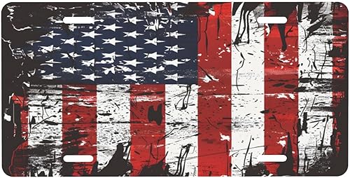 American Flag Patriotic Vintage Front License Plate Car Decor Accessory Aluminum Metal Decorative Car Plate Funny Novelty Vanity Tag with 4 Holes