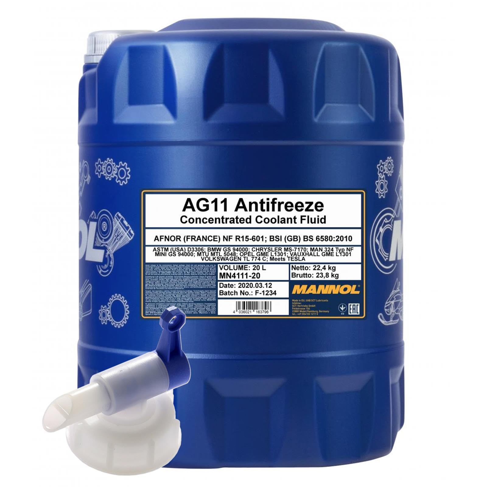 20 Liter Mannol AG11 Blau Konzentrat Kühlerfrostschutz + Hahn Kühlmittel | 163796, Kühlerfrostschutz