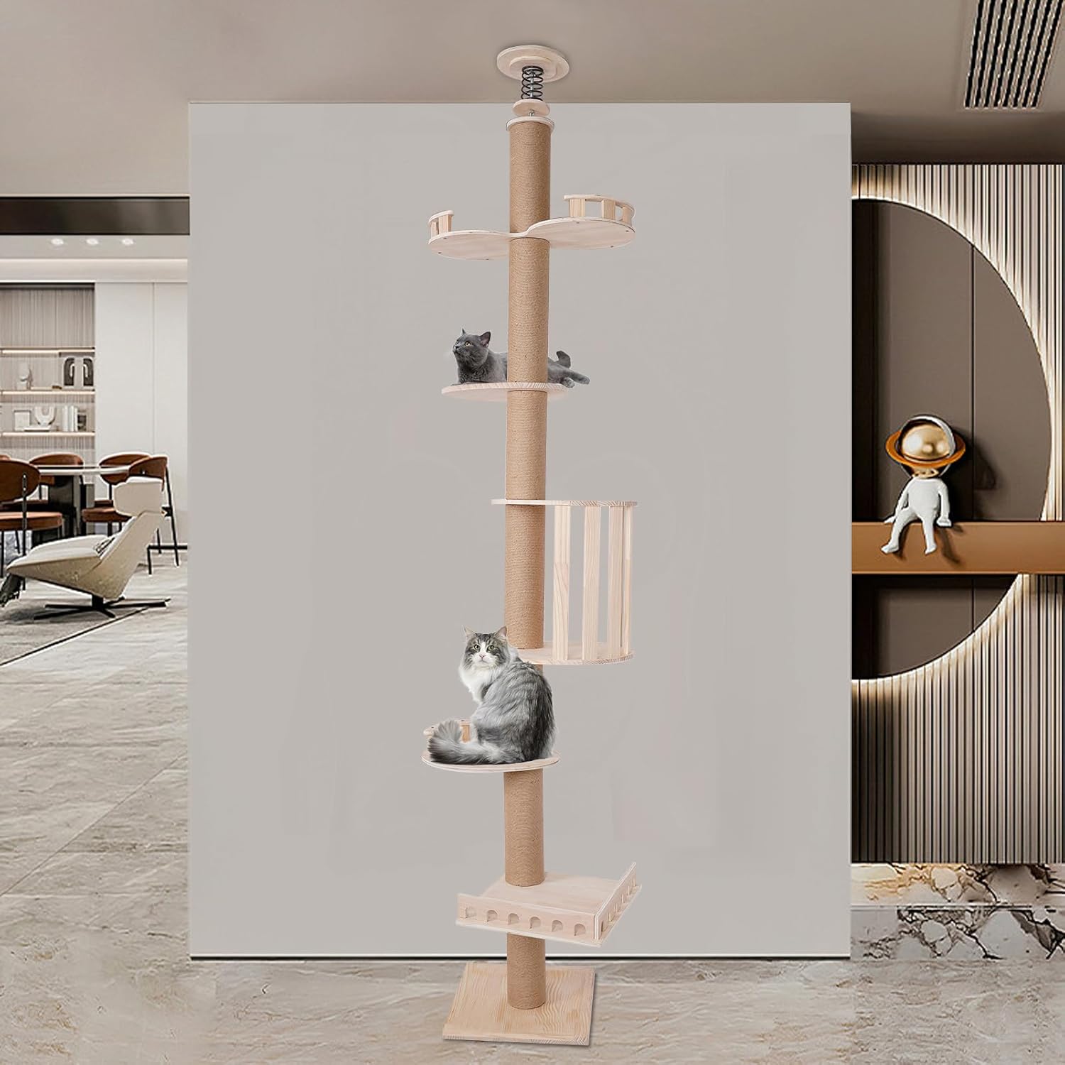 Cat Climbing Tower, Natural Sisal Rope Scratching Post Adjustable Tall Cat Activity Tree, Floor to Ceiling cat Tree,100.4-104.3" Tall Wood Cat Tower Tree Wall with Sisal Scratching Climbing Posts