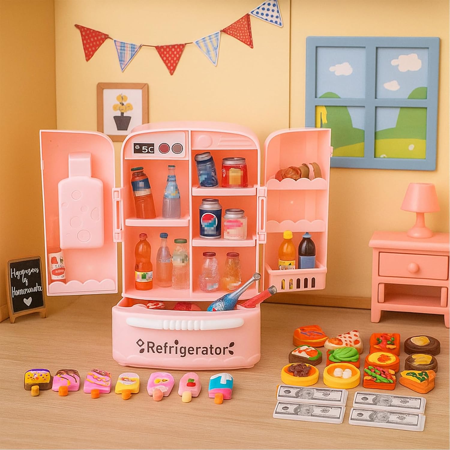 Miniature Food Play Set for Kids - Includes Refrigerator Freezer Ice Cream Drinks & Display Shelves Realistic Toy for Imaginative Play, for Toddlers
