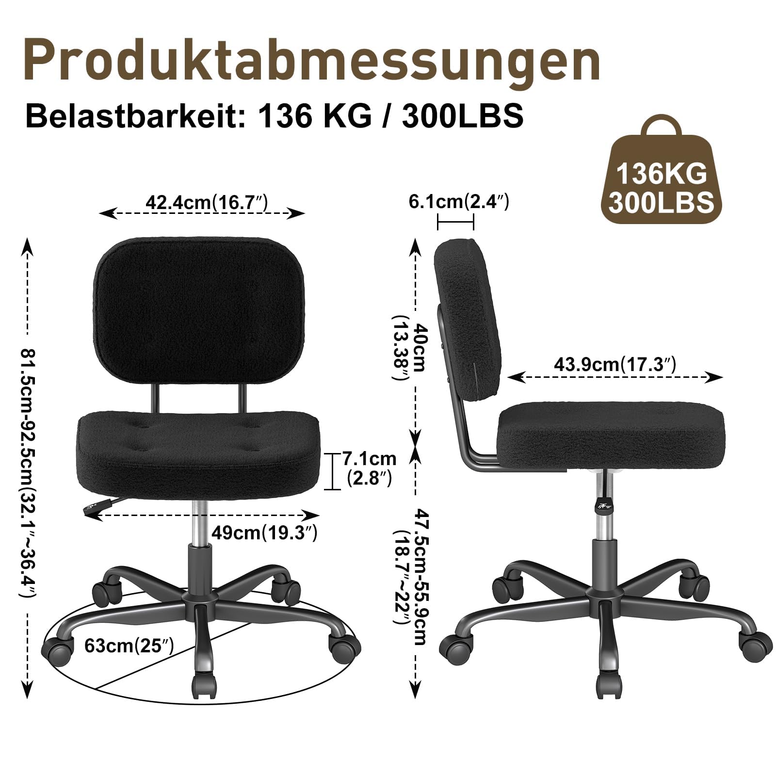 AnyGod Schreibtischstuhl ohne Armlehne, Kompakter Drehstuhl mit Rollen & Höhenverstellbar, Ergonomischer Computerstuhl für kleine Räume & Schminktisch, Teddy-Stoff Schwarz