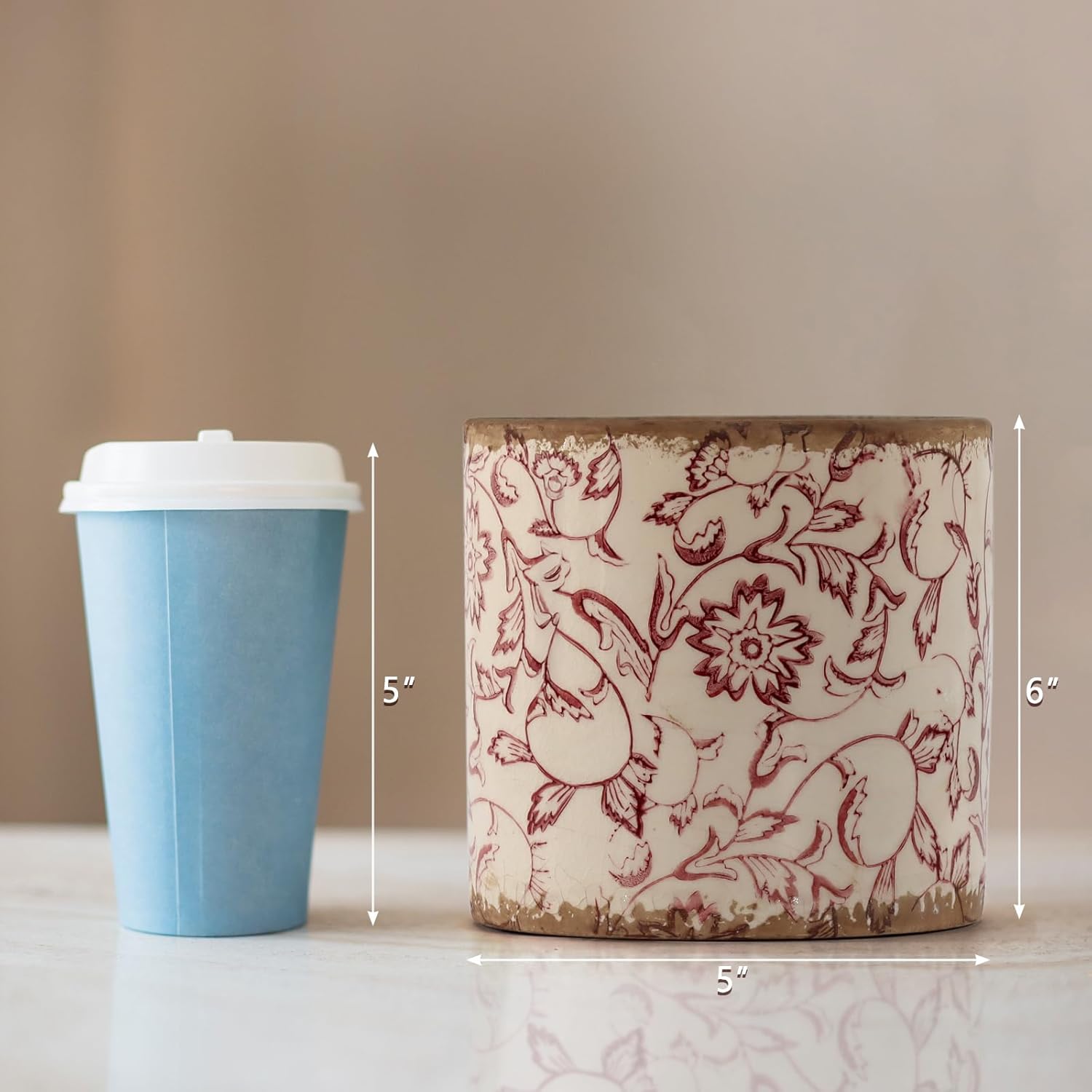 Ceramic Planter for Indoor Plant,5 inch Plant Pot with Drainage Small Ceramic Pots Decorative Unique Planter Red for Orchid Succulent Outdoor, Crackle Glaze Finish, Gardening Gift