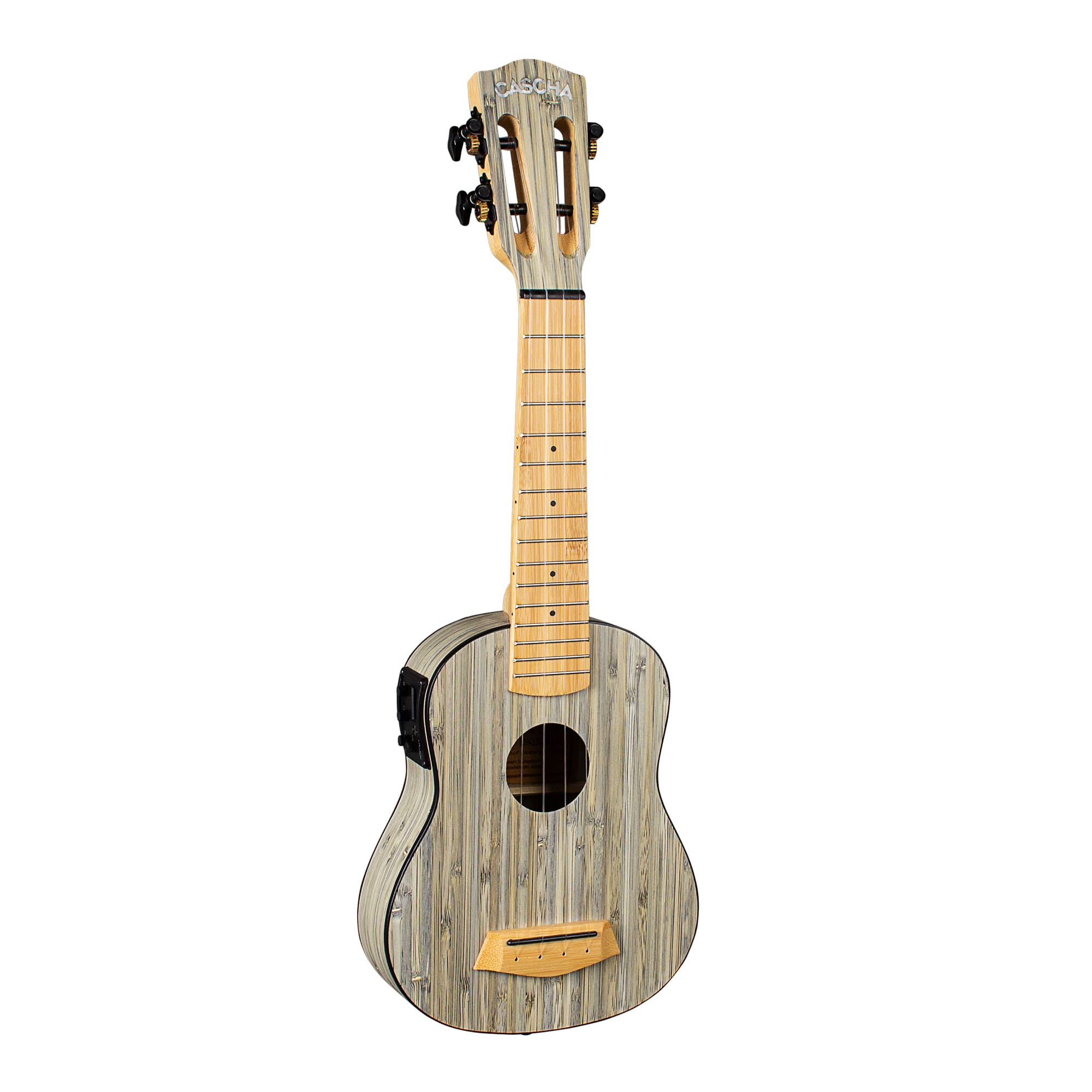 Cascha E-Bamboo Graphit Sopran Ukulele Erwachsene & Kinder - inkl. 3 Plektren & Tasche - Bambus-Ukulele als Bühnenbegleiter - hochwertige Carbon-Saiten - integriertes Stimmgerät & 3-Band-Equalizer