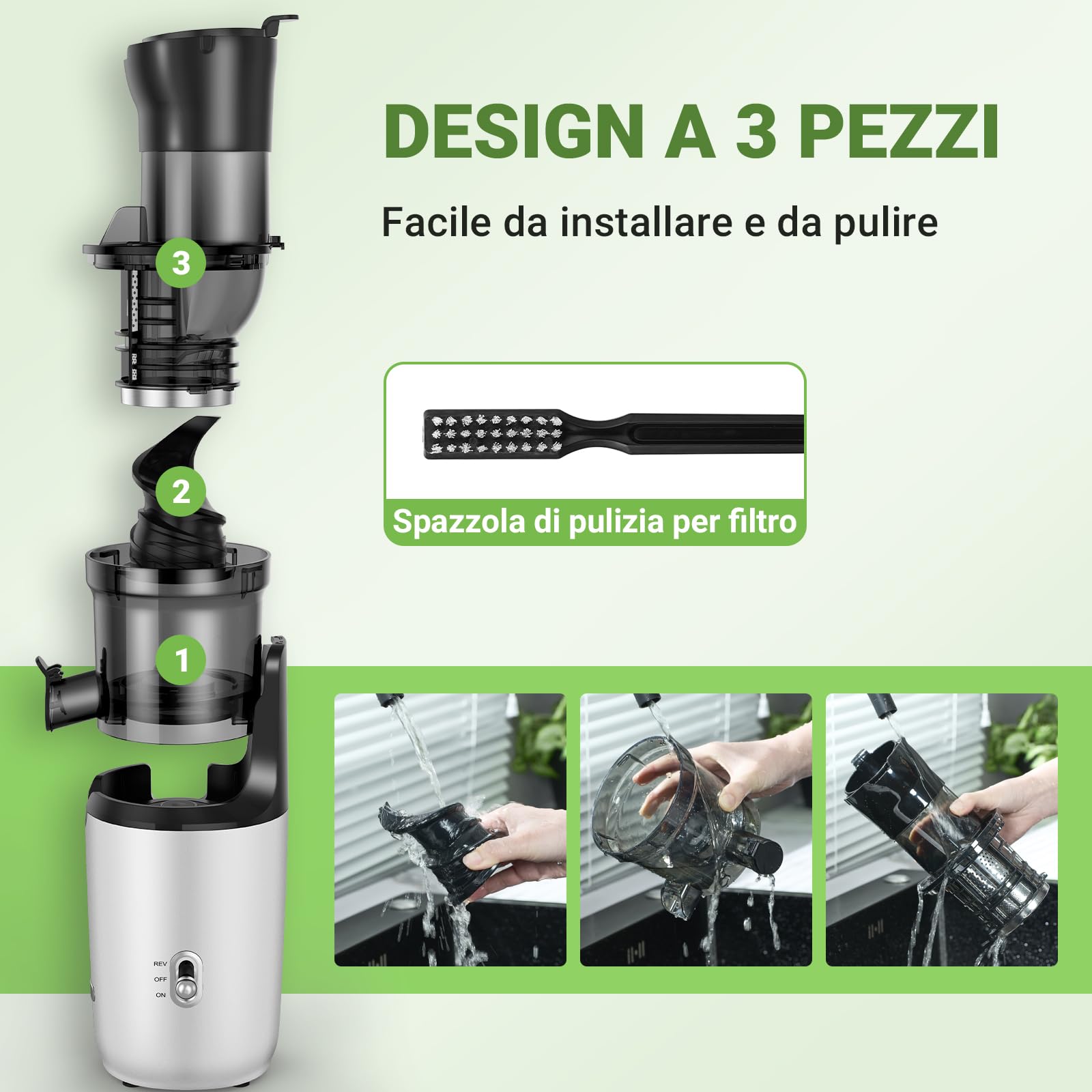 AMZCHEF Estrattore Frutta E Verdura Per Tutta La Frutta - Estrattore A Freddo Frutta E Verdura Con 80MM Scivolo Alimentare, Coclea Potenziata, Filtro A Doppio Strato, Motore Silenzioso - Argento
