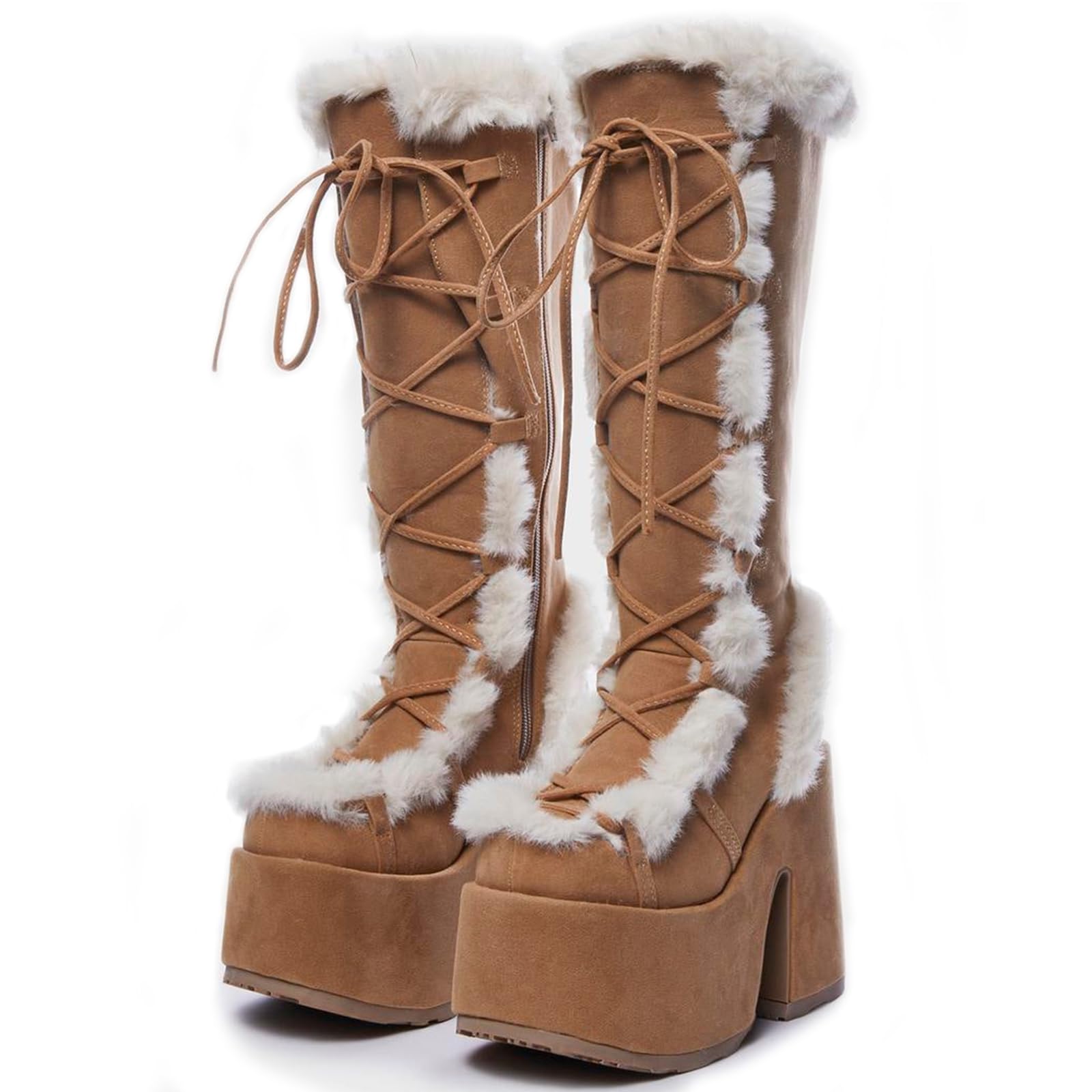 Yishaweiqiwomens Faux Fur Goth Platform Boots Suede Furry Knee