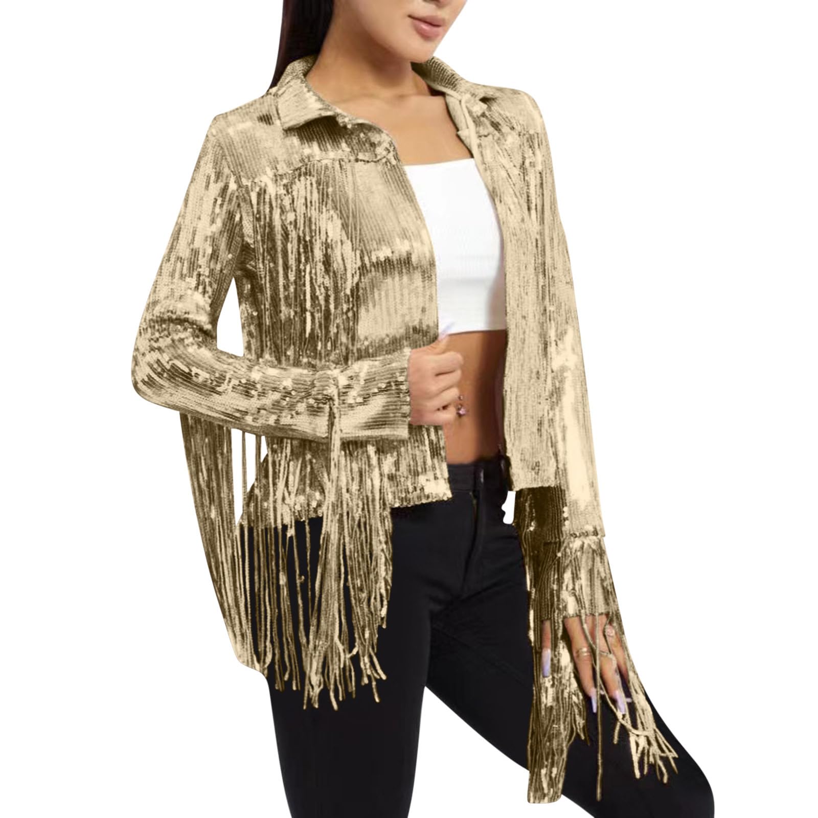 Teen Girls Glitter Pailletten Quaste Shirts Sparkle Fransen Pailletten Leichte Jacken Langarm Open Front Cropped Tops mit Kragen Shimmer Crop Shirt für Karneval Party Ausgehen
