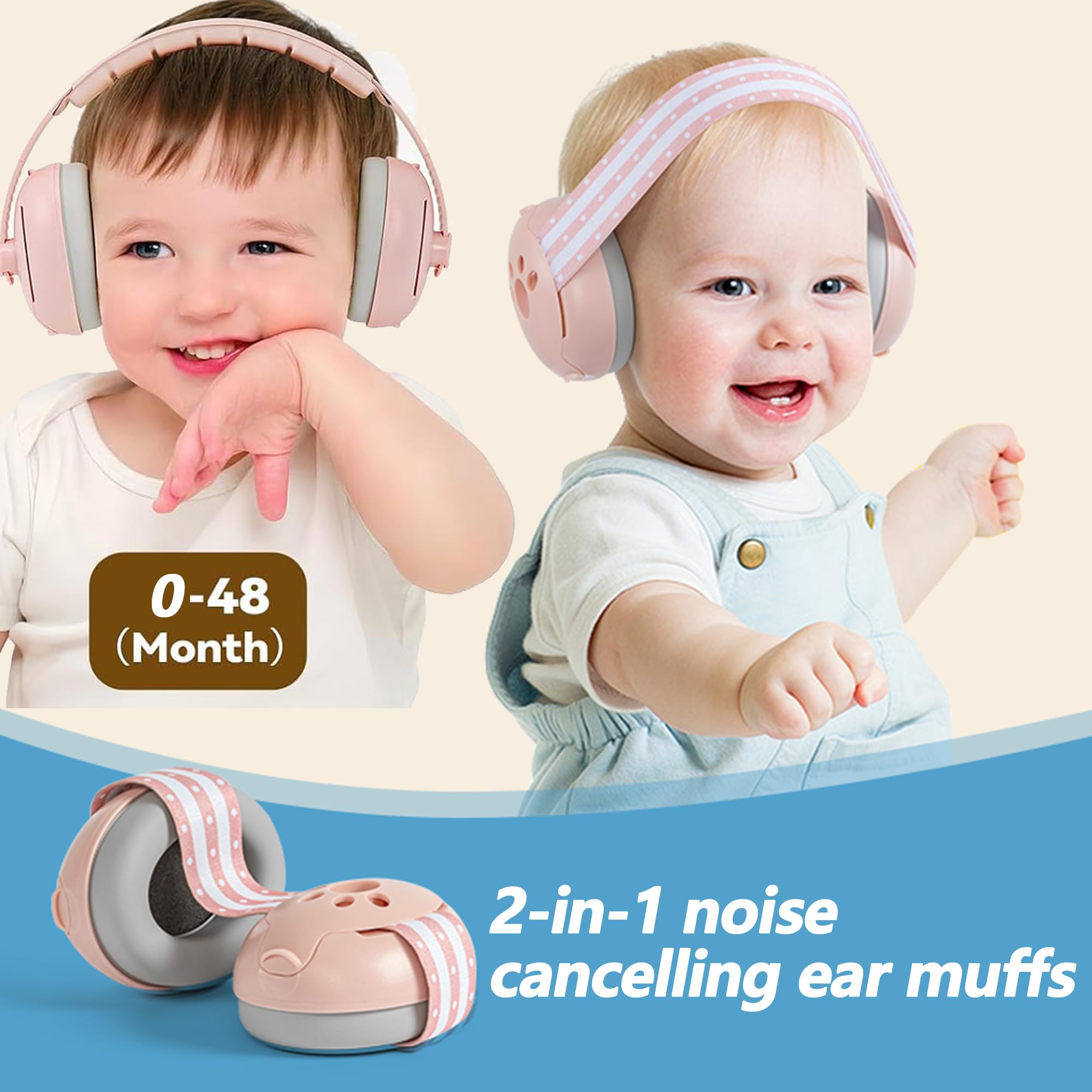 2 in 1 Cuffie Neonato Antirumore, 25db Caschi Antirumore Per Bambini-Cuffie Antirumore Per Bambini 0-4 Anni, Protettori Acustici Per Neonati, Antiscivolo E Antistress, Rosa