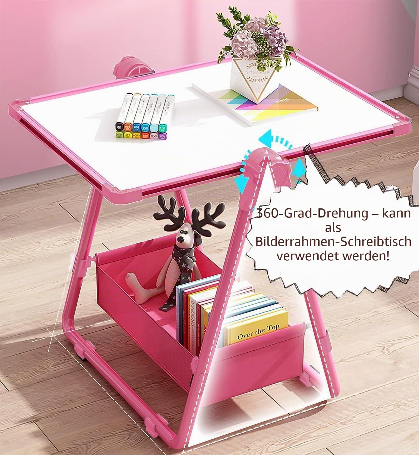 Tafel kinder,Mit Schürze, Alphabet Cartoon,Doppelseitige Magnettafel Maltafel Schreibtafel Kinder,Um 360° drehbar,63-107cm Hoch Verstellbar, Geschenk mädchen 3 4 5 7 8 jahre（Rosa）