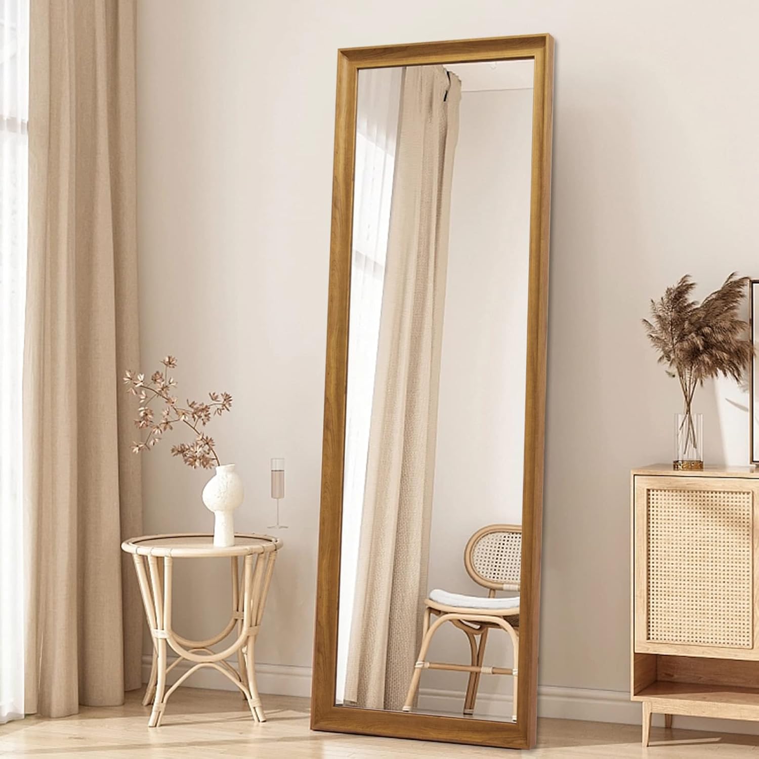 Full Length Mirror Wood Frame, 65x22in Floor Mirror Wall Full Body Mirror with Standing, Leaning Hanging for Bedroom,Living Room, Large Wooden Frame, Dark Wood