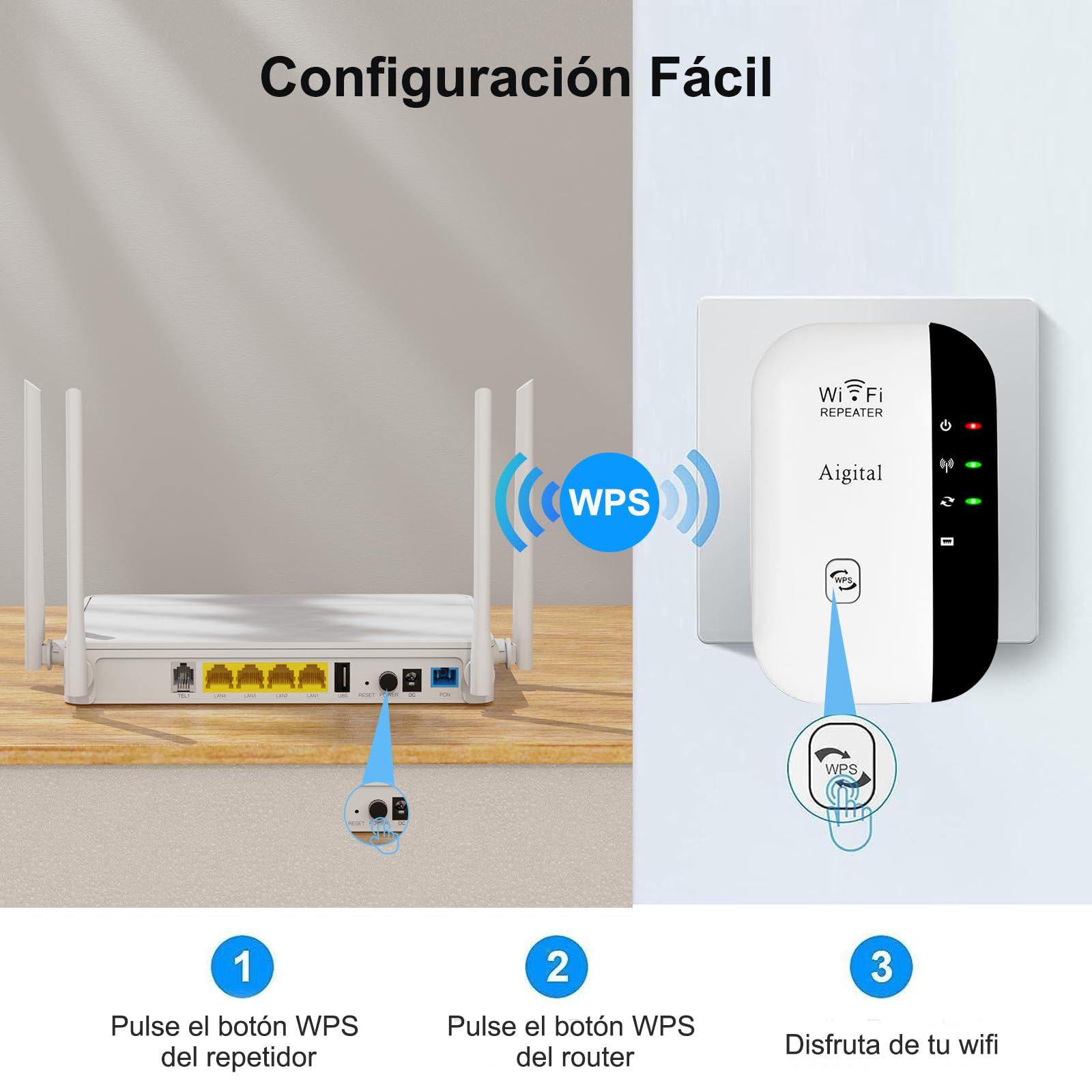 Repetidor de Red WiFi Extensor Amplificador de Wi-Fi más de 120 Metros, Configuración WPS con un Toque, 2 Puerto Ethernet, 300 Mbps, 2.4GHz, Compatible con los Routers y ADSL/Fibra — view 4