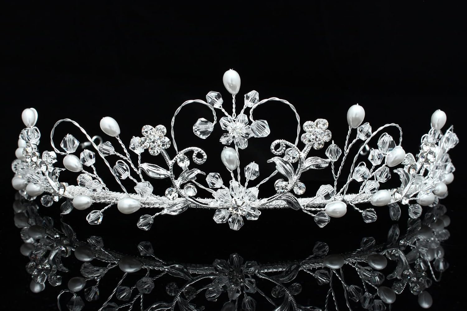 Handmade Rhinestone Crystal Flower Pearl Prom Bridal Wedding Tiara Crown