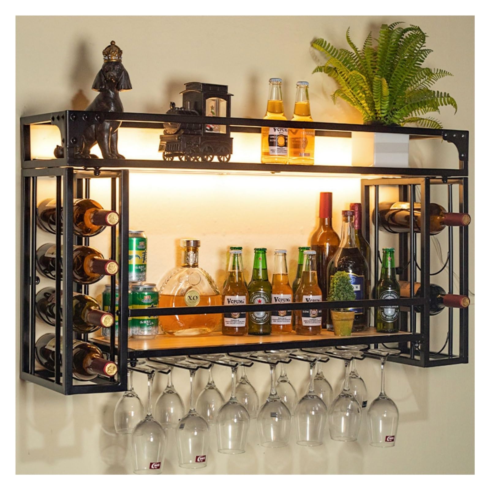 Botellero LED montado en la pared, soporte de metal para botellas y vasos, estante flotante para licor para decoración de cocina y bar, elegante exhibición de almacenamiento de vino (120 x 55 cm