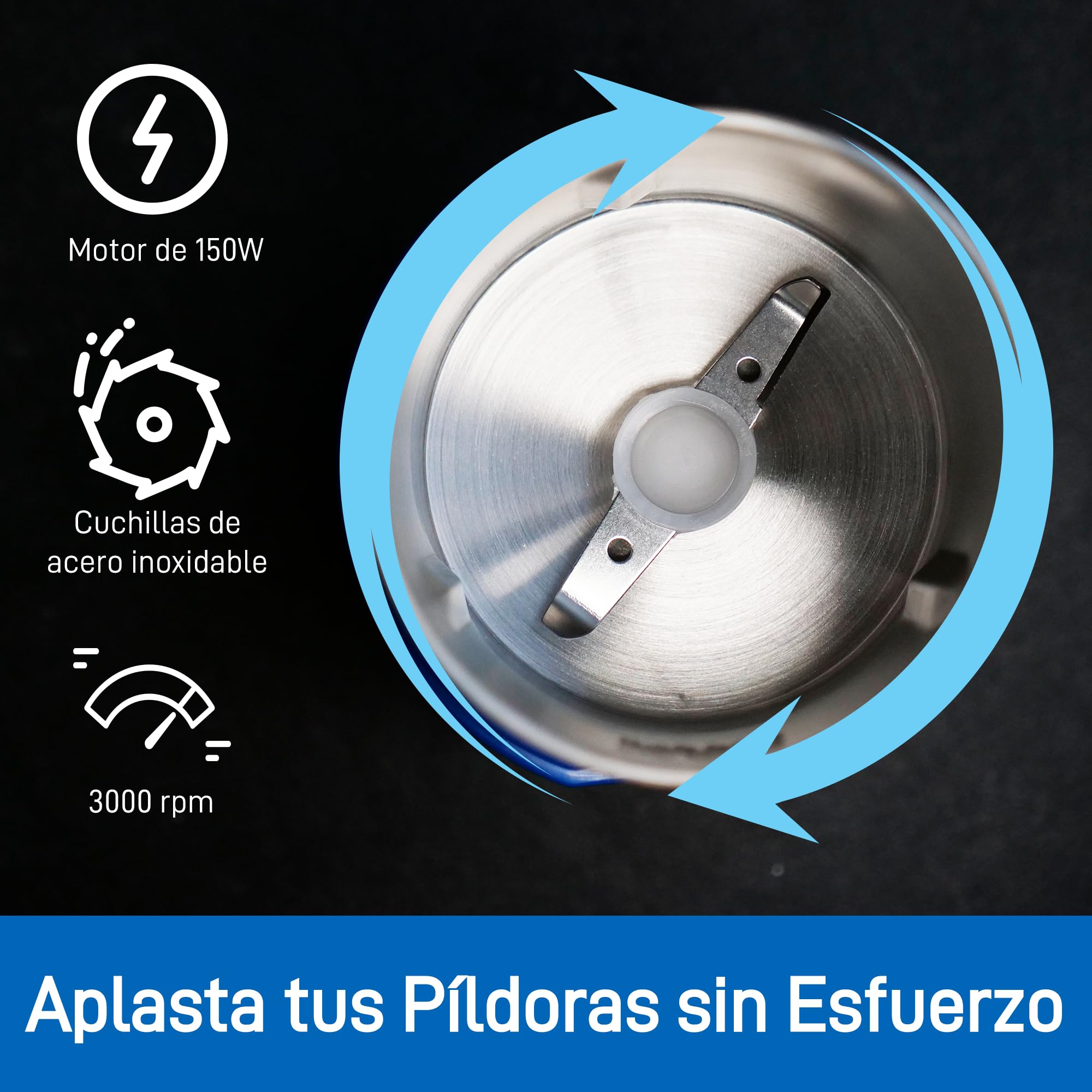 Triturador eléctrico para pastillas - Pulverizador electrónico de polvo fino para medicamentos - Con organizador de pastillas, cepillo, cuchara, paño y cuchillas de acero inoxidable de Pill Mill