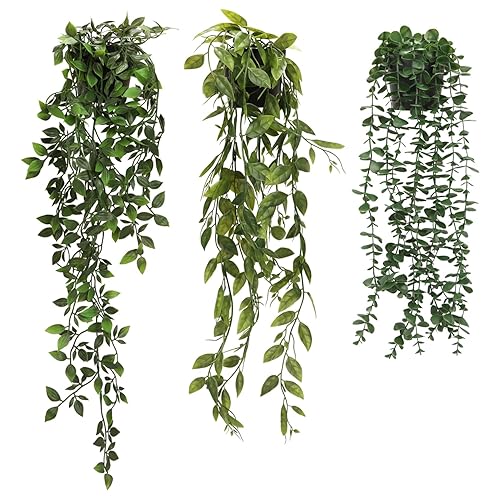Artigreen 3Pcs Artificial Hanging Plant Potted Greenery,Eucalyptus Mandala Snow Pea Vine in Pot,Lifelike Fake Ivy Plant Vine Plastic Plant for Home Office Bedroom Apartment Decor - Green&3pcs