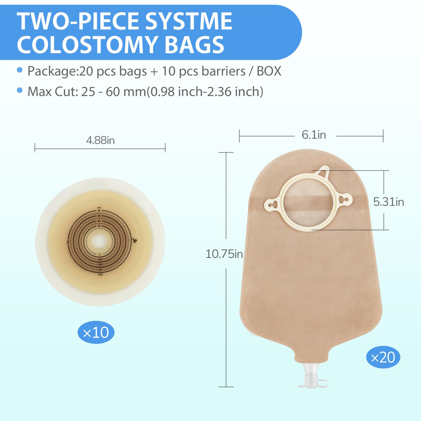 30 bolsas de ostomía, se pueden cortar hasta 45 mm | 20 bolsas de colostomía + 10 protectores para la piel, dos piezas para ostomía de colostomía e ileostomía