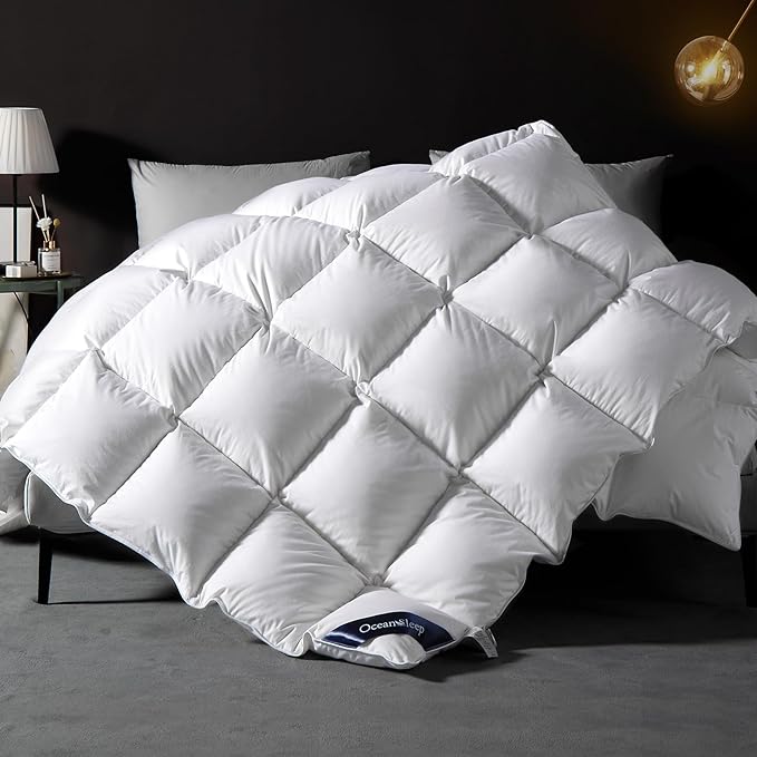 OCEANSLEEP Goose Down Comforter Queen Size - All Season White Fluffy Feather Duvet Insert with Tabs, 780 Fill Power Weight for Luxury Hotel (Queen (U.S. Standard), White/All Season)