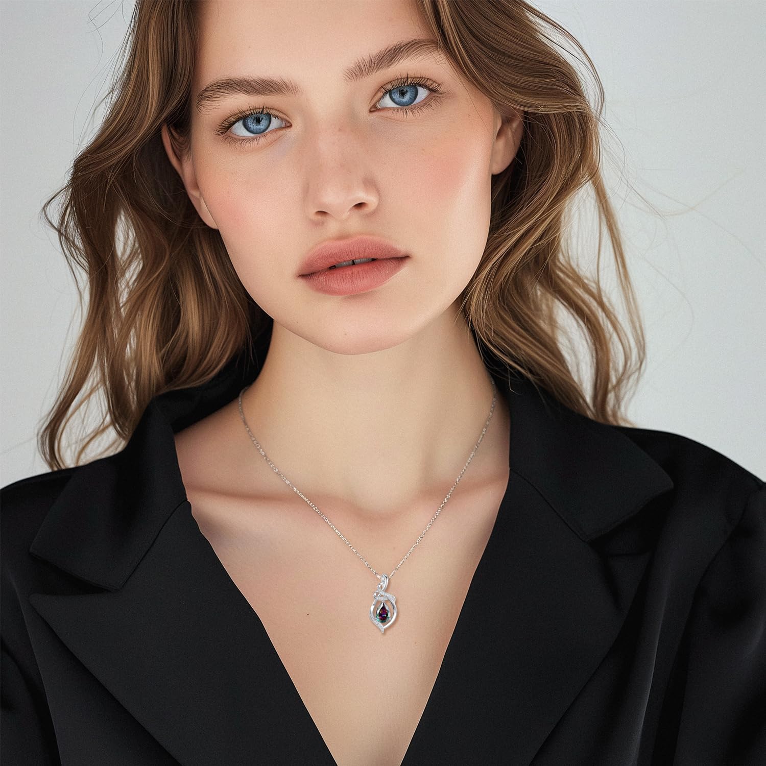 FANCIME Teardrop Gemstone Necklace for Women S925 Sterling Silver Elegant Ribbon Pendent Birthday Gifts for Her, 16"+2" Inches - Image 3