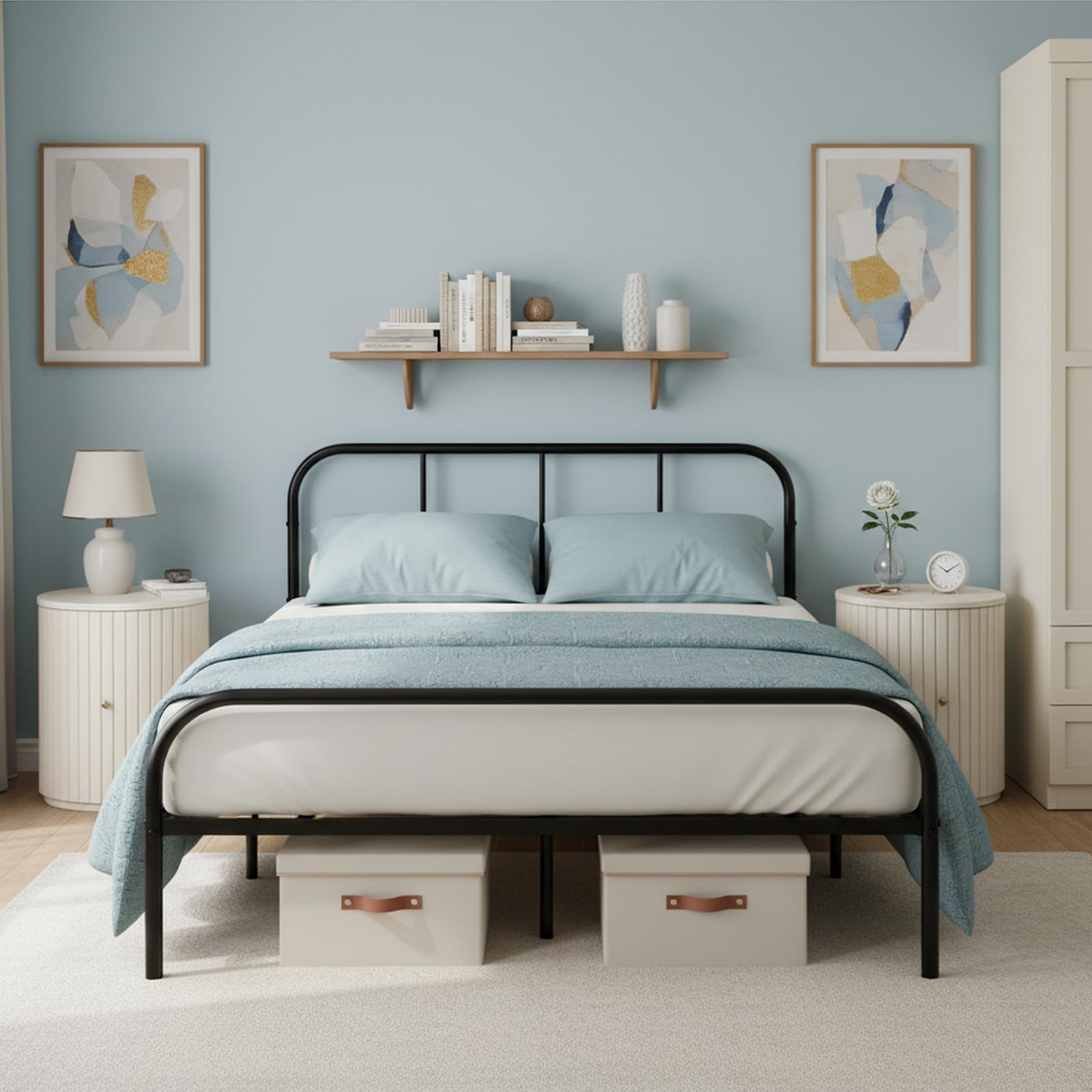 Métal Cadre de Lit Double 140x190 cm, Structure en Métal, Sommier à Lattes Robuste et Durable, avec Tête et Pied, Facile à Monter, Nombreux Rangements sous Le Lit, Noir
