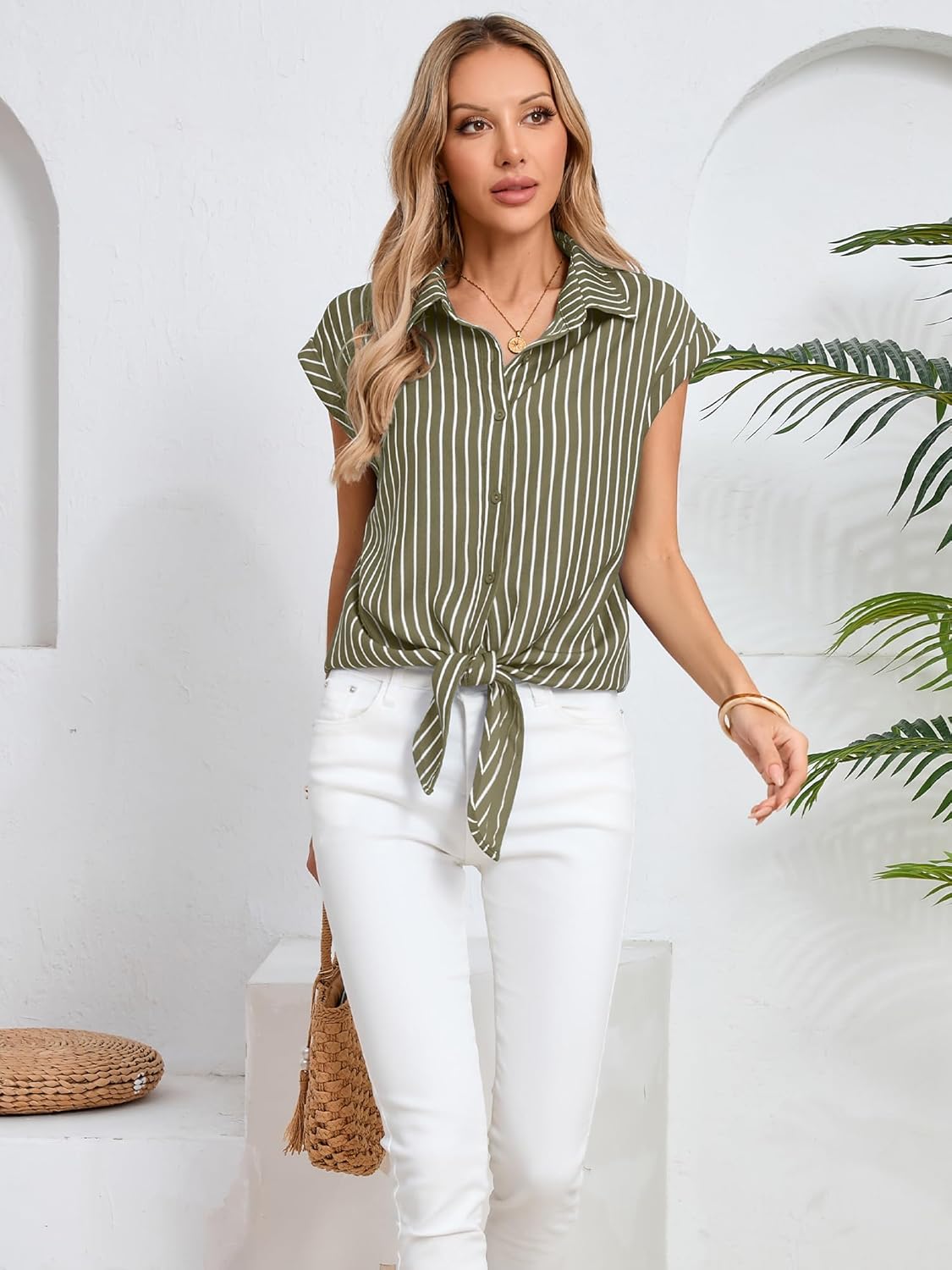 Womens Striped Button Down Shirts Casual Short Sleeve Collared Tops Tie Front Blouses, Stripe Army Green,L - Image 4