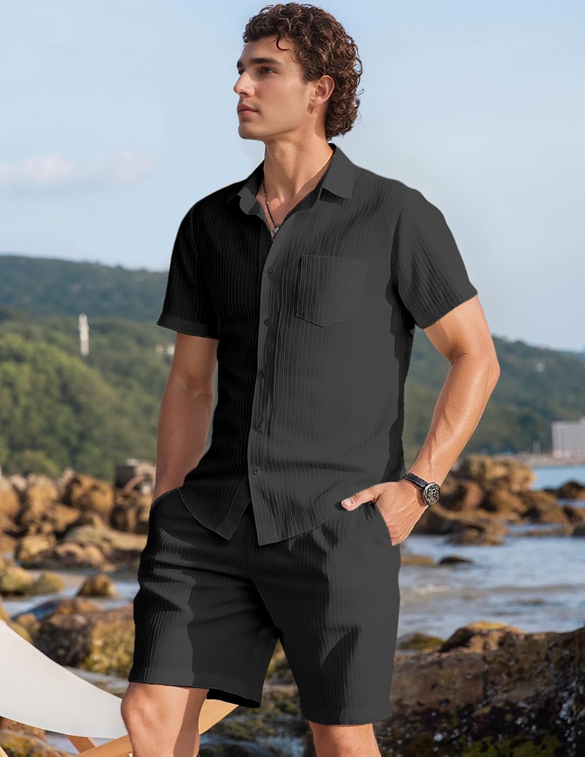 Bealin Men's Short Sets 2 Piece Summer Beach Outfits Button Down Texture Pocket Shirts and Shorts Set - Image 3