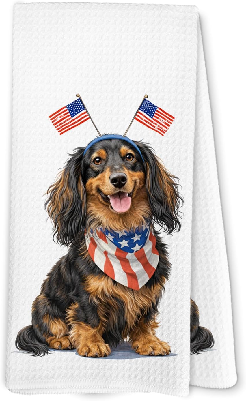 Dachshund Patriotic Kitchen Towels, Patriotic Dog Hand Towels, Dachshund Weiner Dog Gifts Dish Tea Towel for Kitchen, 4th of July Independence Day Decorative Hand Towel for Bathroom 16x24inch