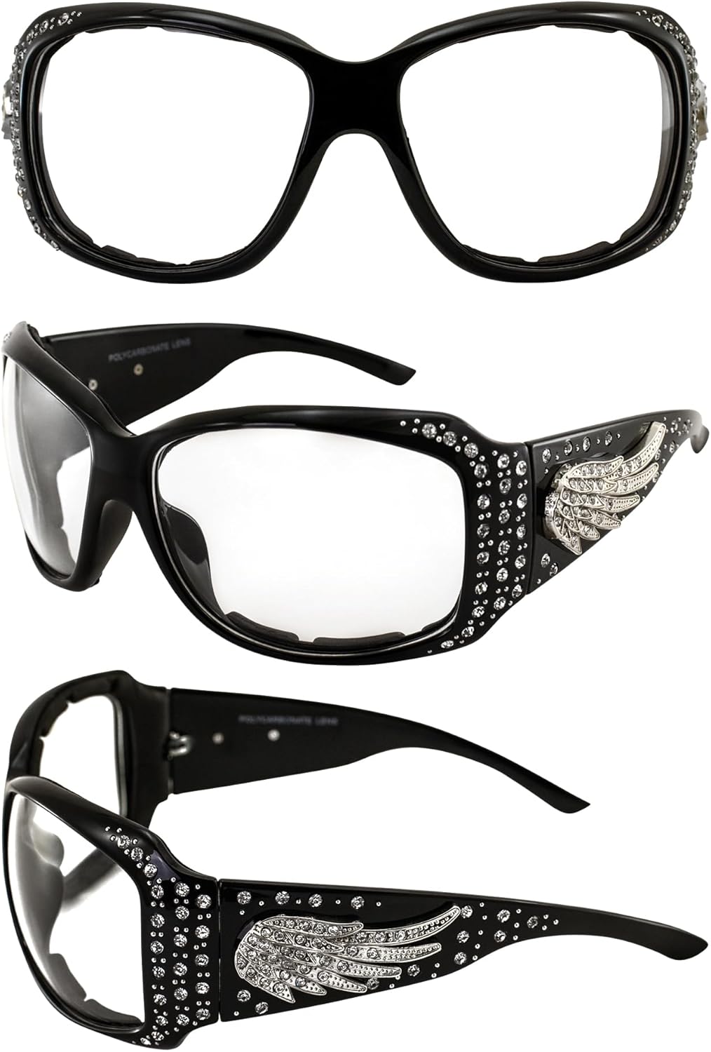 Rodeo Queen Angel Plus Padded Motorcycle Sunglasses Womens 2 Pair Black Frame Rhinestone Sunglasses w/Silver Wing Accent Clear & Gradient Smoke Lenses - Image 5