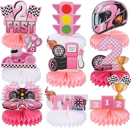 Miniatura 8 de 9 piezas de centro de mesa de auto de carreras de 2º cumpleaños Let's Go Racing Two Fast Birthday Party Decoración de mesa de auto de carreras