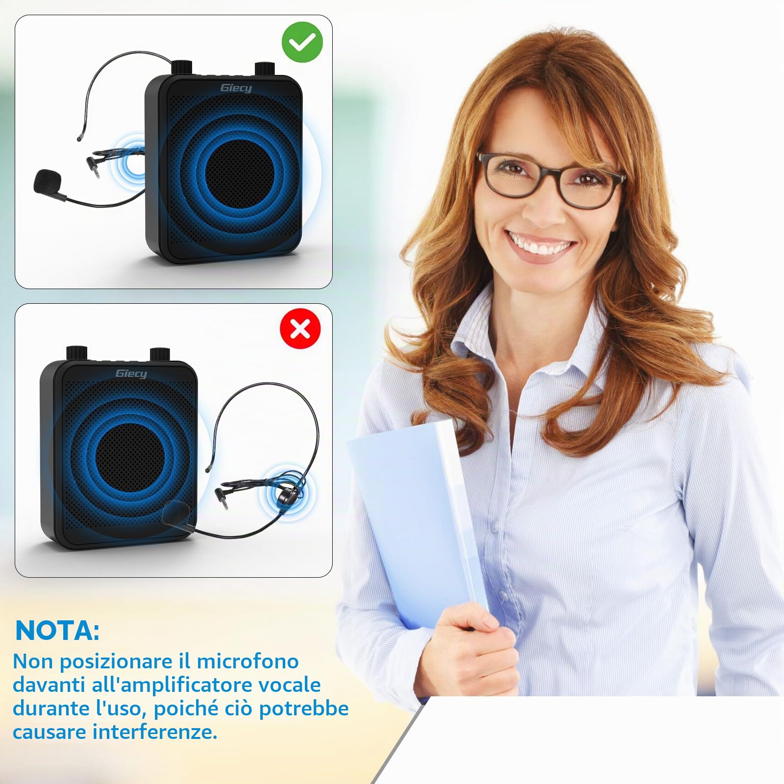 Amplificatore vocale portatile con microfono auricolare batteria ricaricabile da 30 W 2800 mAh potente sistema audio per insegnanti, guide, allenatori, presentatori1