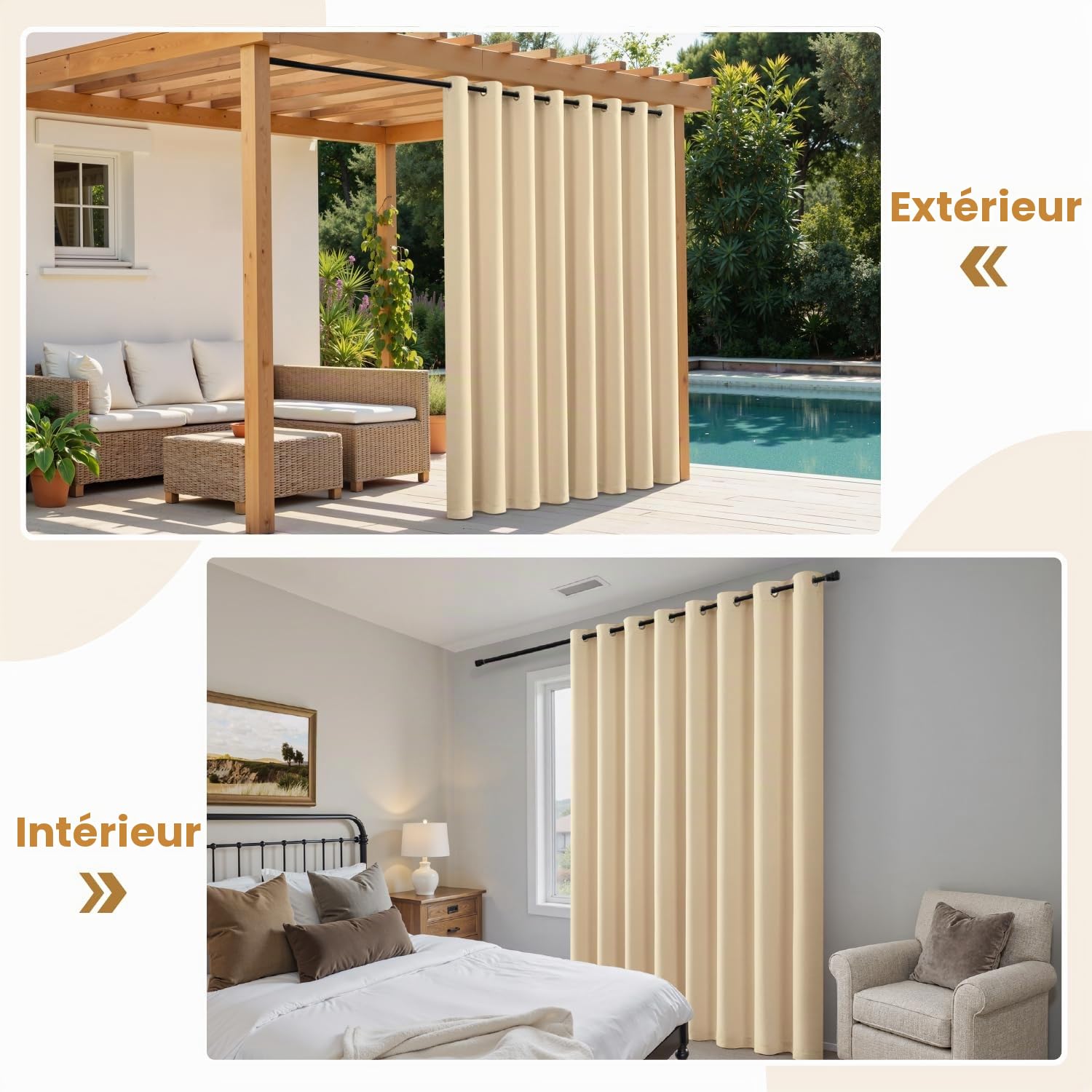 MIULEE Lot de 2 Rideau Extérieur Imperméable Oeillets 132x275cm Beige