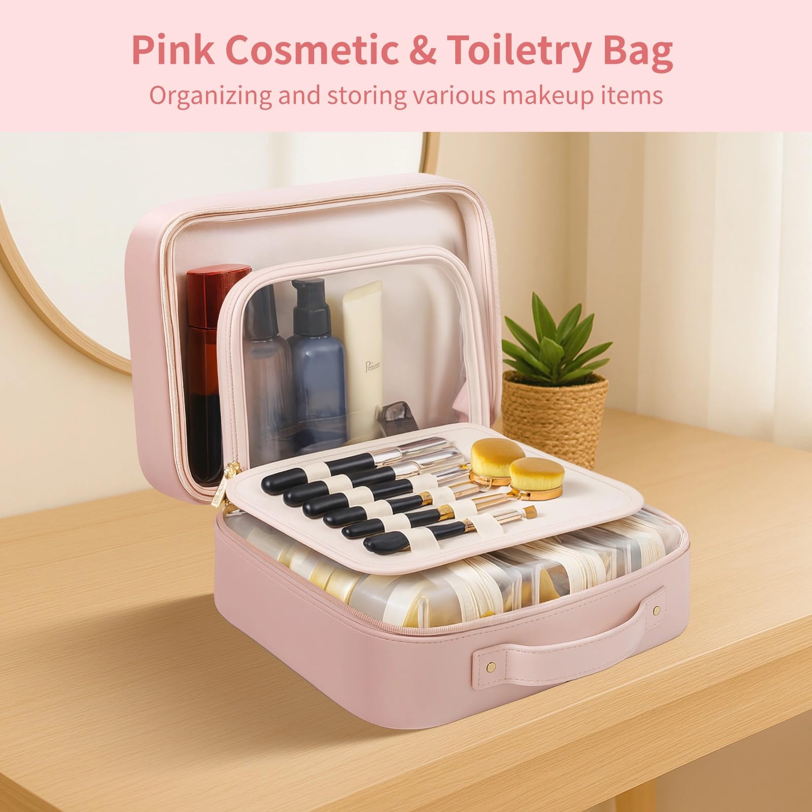 Neceser y cosméticos para mujer, organizador de piel sintética impermeable de 12.2 pulgadas con múltiples bolsillos, compartimentos extraíbles para cepillos, elegante estuche de viaje de gran