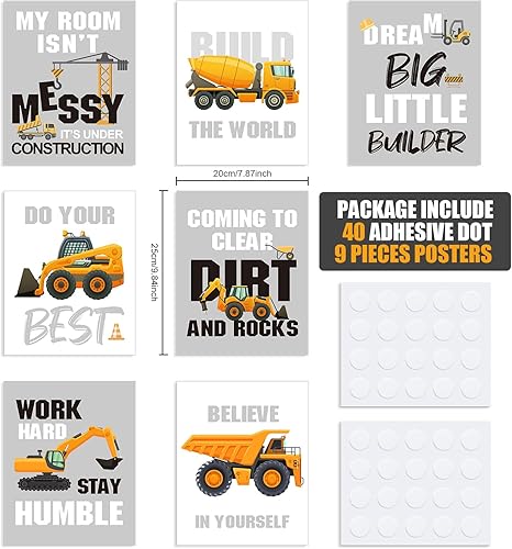 Miniatura 2 de Outus Set of 9 Construction Room Decor Trucks Inspirational Quote Art Print Transport Vehicle Motivational Phrases Poster Nursery or Room Wall Art