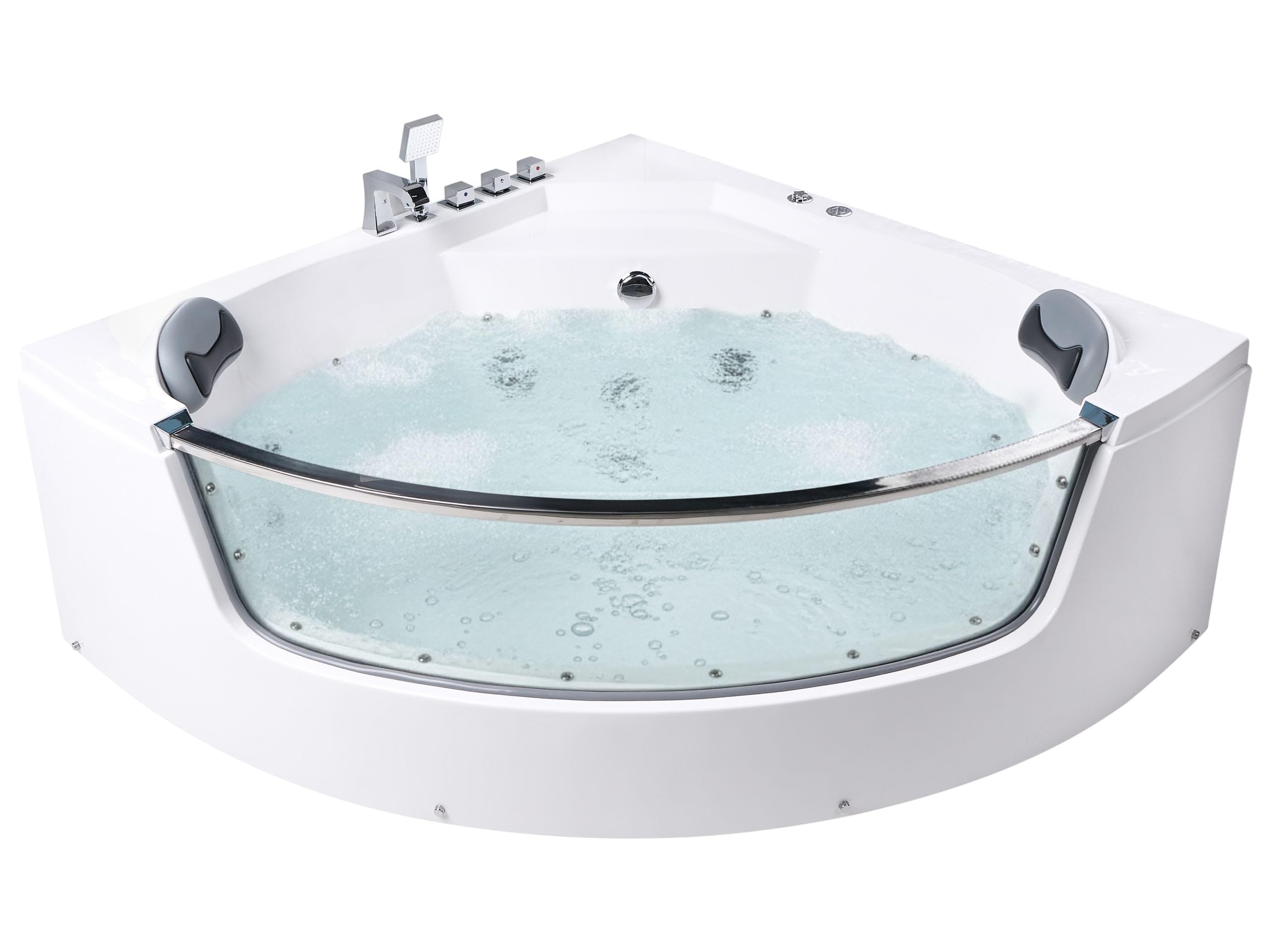 Wanna narożna z hydromasażem oświetlenie LED SPA akrylowa stalowa armatura 210 x 148 cm zagłówki biała Tamula