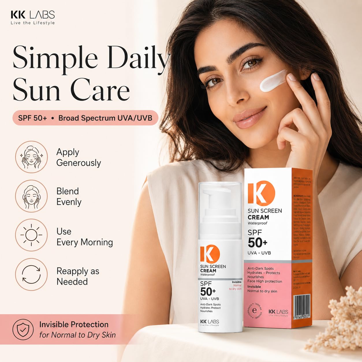 KK Labs Invisible Sun Cream for Normal to Dry Skin 50ml - Hydrating Daily Facial Sunscreen with a No-White-Cast, Comfortable Finish That Protects and Moisturises Dry Skin, Men and Women
