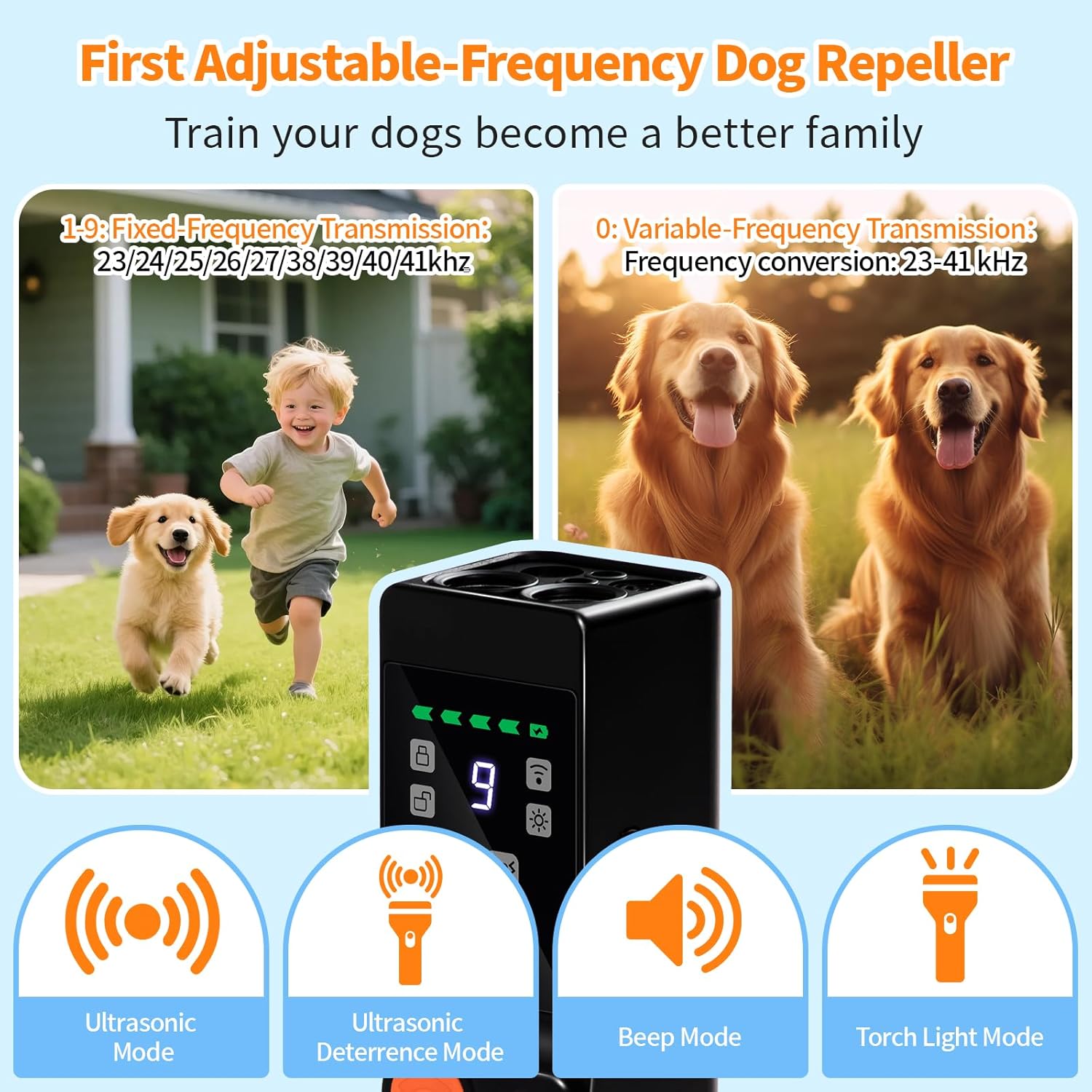 Dog Bark Deterrent Device, 4X Ultrasonic Dog Repeller with Powerful Flashlight, Human & Pet Safe, Effective Training & Deterrent Aid for Indoor/Outdoor Use