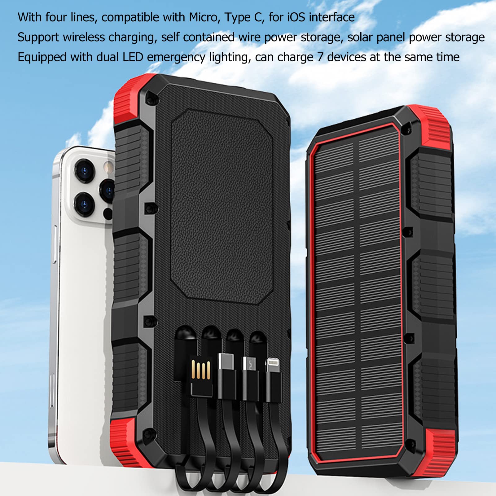 Yosoo Health Gear Banque d'énergie Solaire, Chargeur Solaire Portable ABS 36800 MAh avec 3 Sorties USB Charge sans Fil Double Lumière LED pour Camping Voyage Randonnée Utilisation en Extérieur