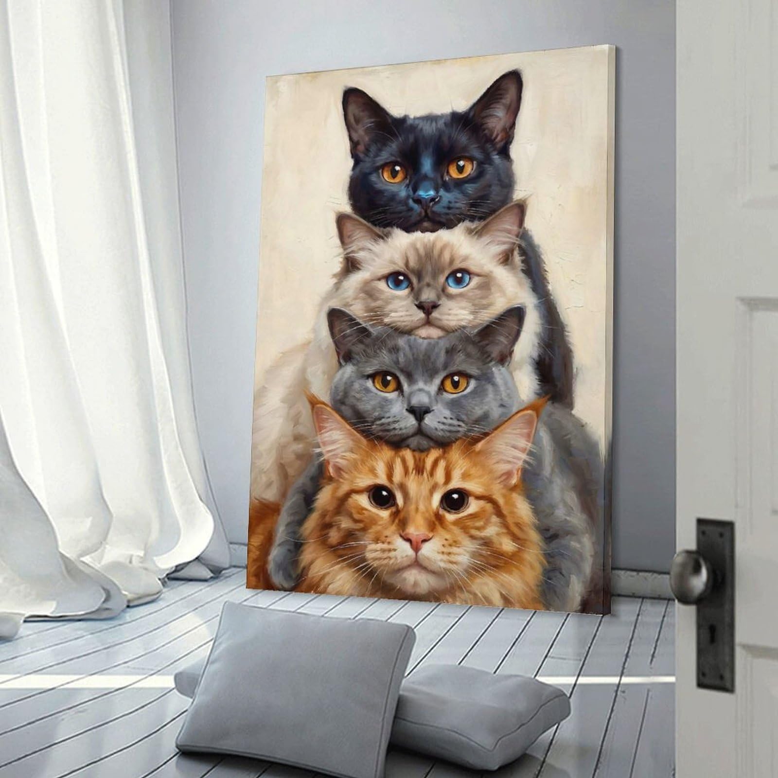 Junmoney Frame-Style Cute Stacked Cats Portrait Wall Picture Print, 20X30inch(50X75cm), For Wall Displays, Bedrooms Or Room Updates, Decorative Artwork With Flexible Styling