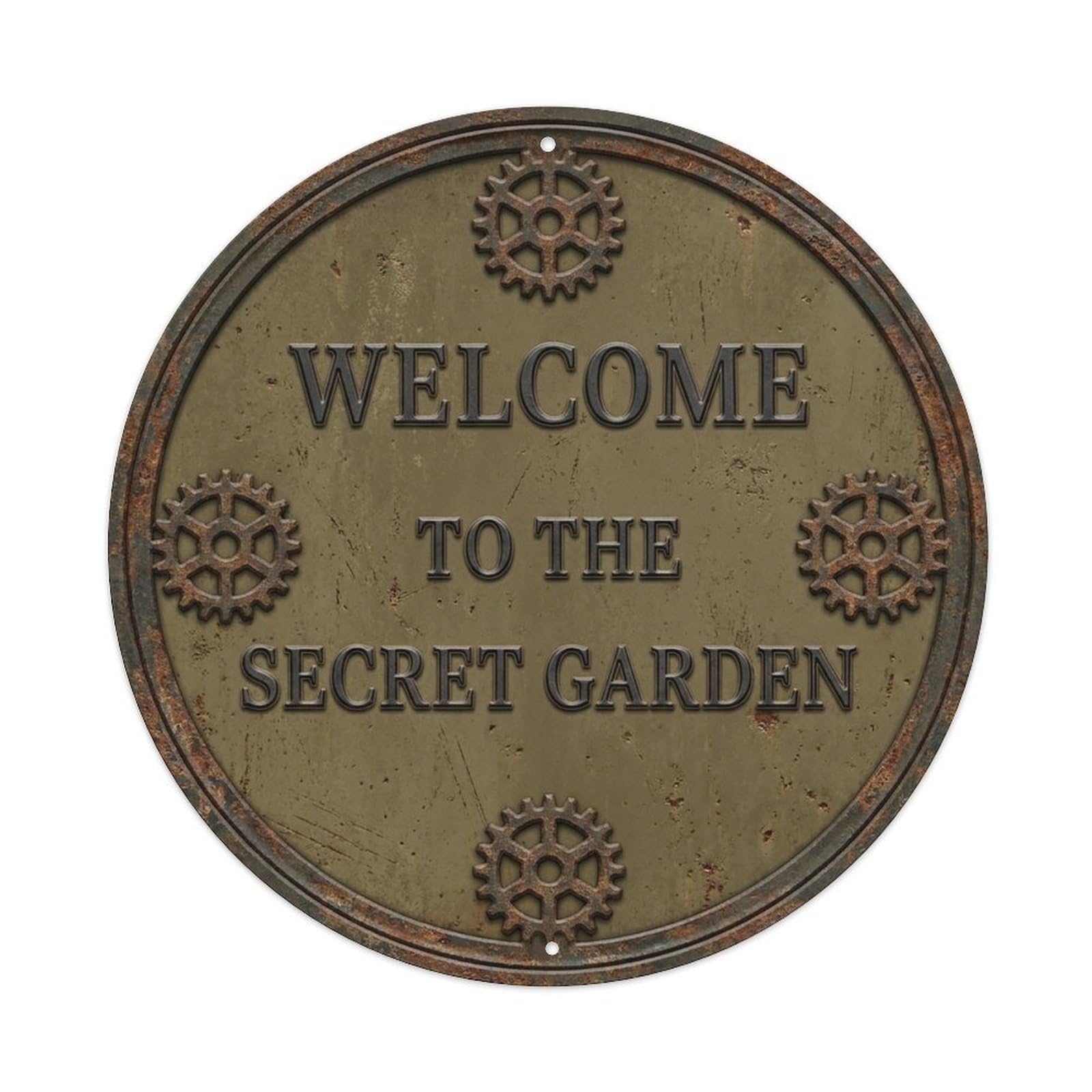 Vintage Welcome Secret Garden Iron Khaki Cog Metal Tin Sign