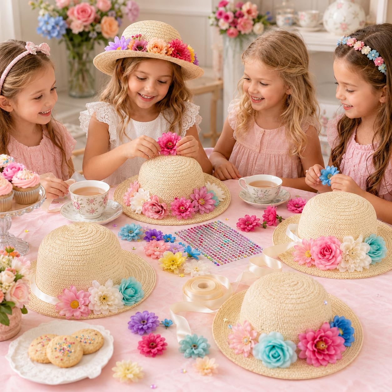 Amazon.com: Cinrobiye 12 Set DIY Tea Party Hats for Girls Straw Hat with  Artificial Flowers Home School Creative Craft Painting Hats Cowboy Dress Up  Straw Hat Mother's Day Tea Birthday Party Decoration