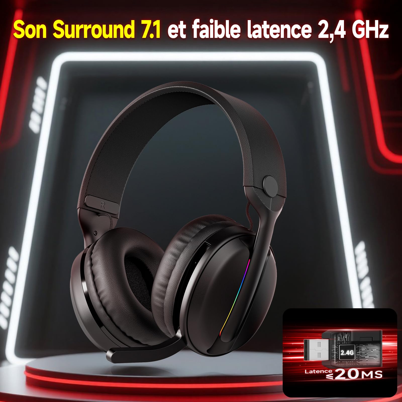 MANKIW Casque Gaming sans Fil pour PS5, PS4, PC, Mac, Casque Gamer Bluetooth 5.4 & 2.4GHz USB/Type-C à Faible Latence avec Micro Anti-Bruit, 40H d’Autonomie, Mode Filaire 3,5mm pour Xbox Series